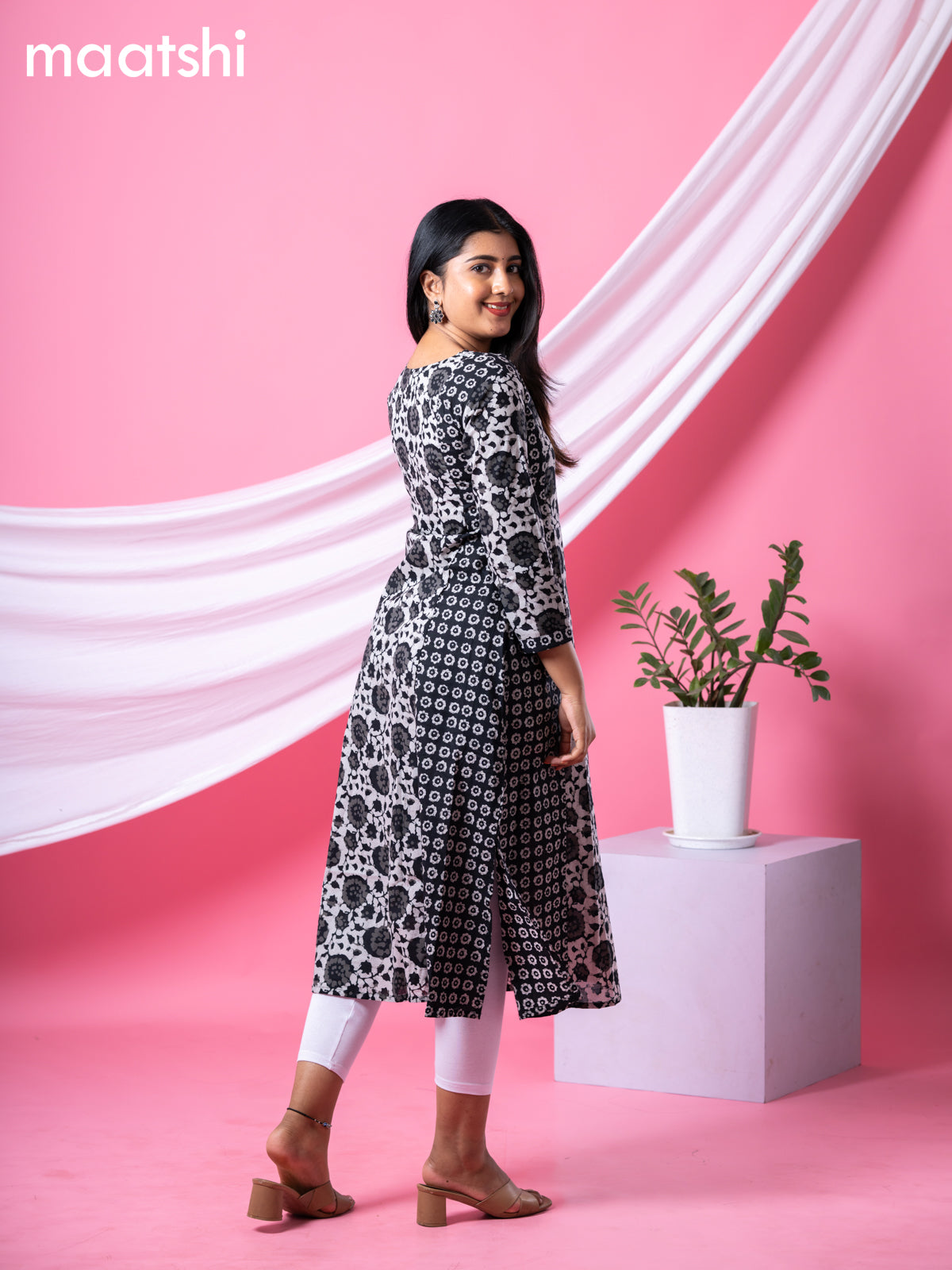Cotton readymade A-line kurti grey and black with allover batik prints & embroidery work neck pattern and without pant