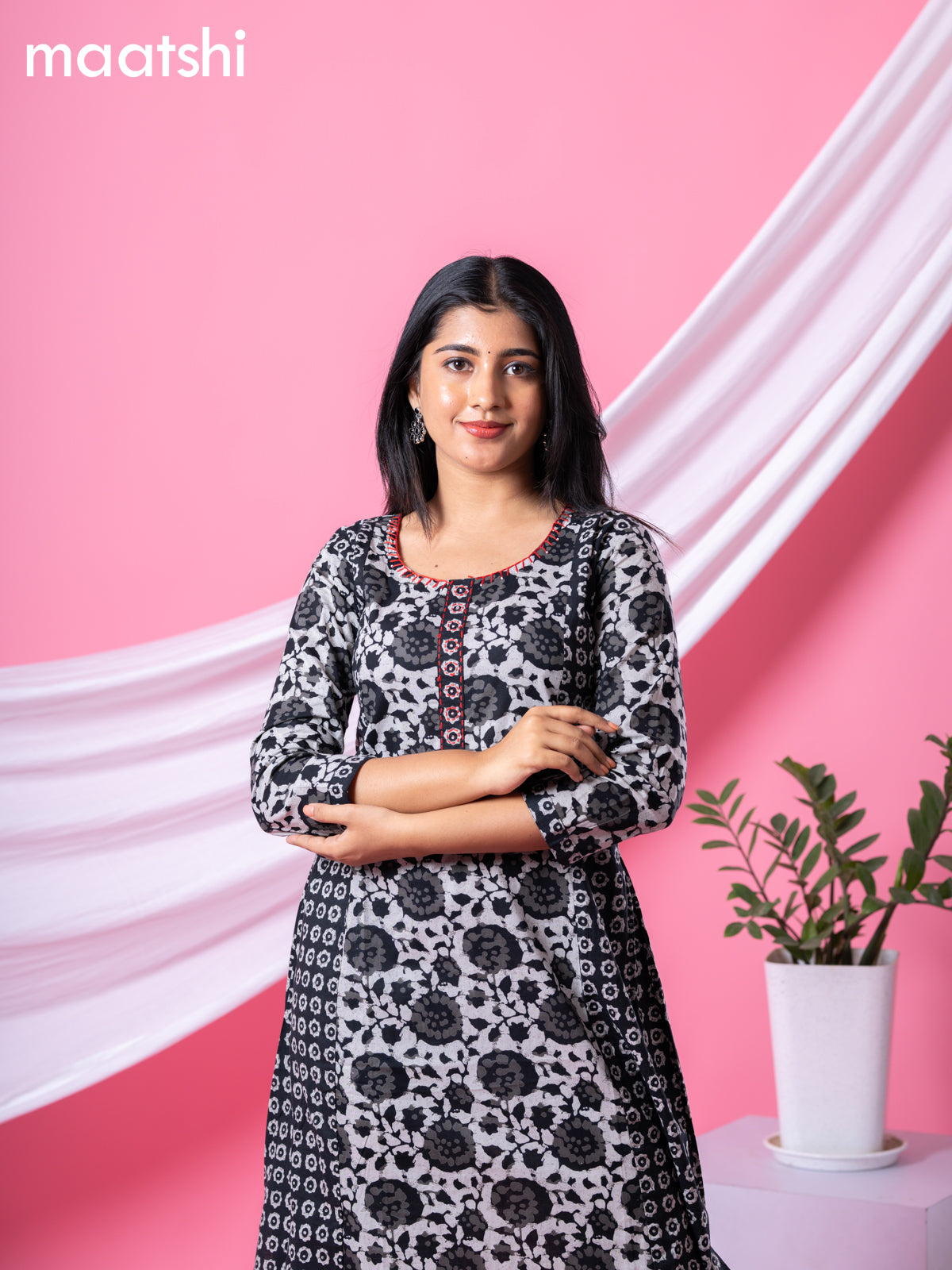 Cotton readymade A-line kurti grey and black with allover batik prints & embroidery work neck pattern and without pant