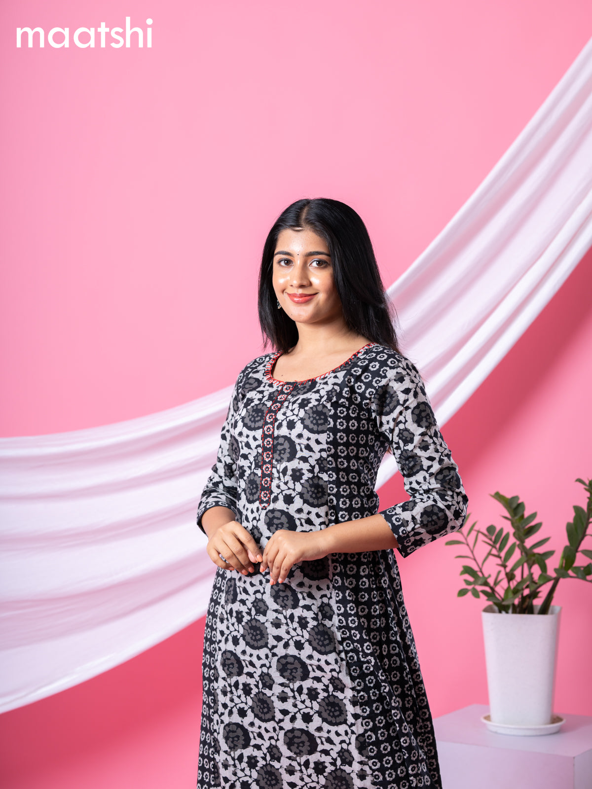 Cotton readymade A-line kurti grey and black with allover batik prints & embroidery work neck pattern and without pant