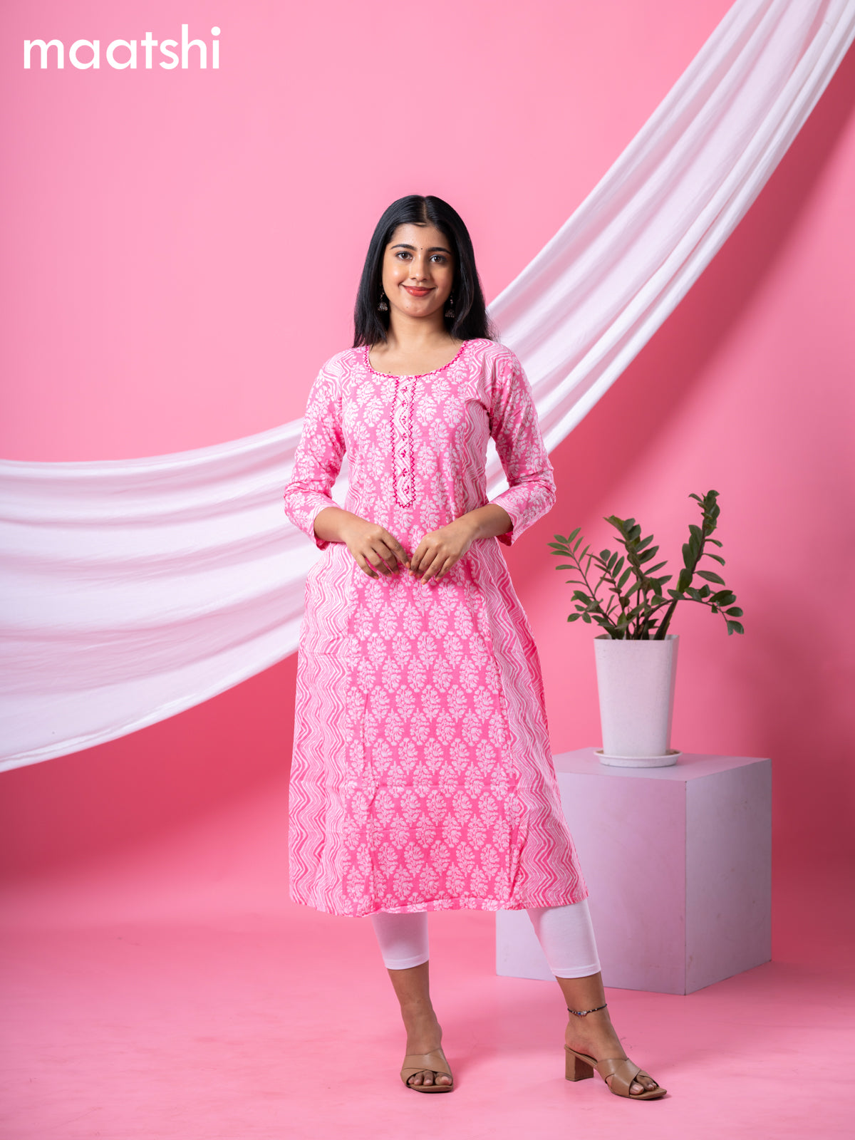 Cotton readymade A-line kurti pink and off white with allover floral buttas & embroidery sequin work neck pattern and without pant
