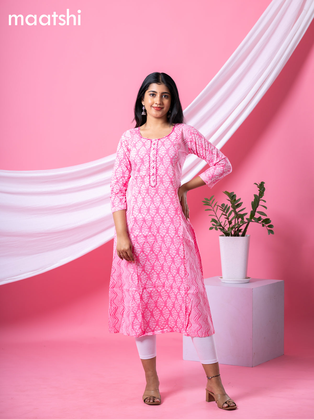 Cotton readymade A-line kurti pink and off white with allover floral buttas & embroidery sequin work neck pattern and without pant