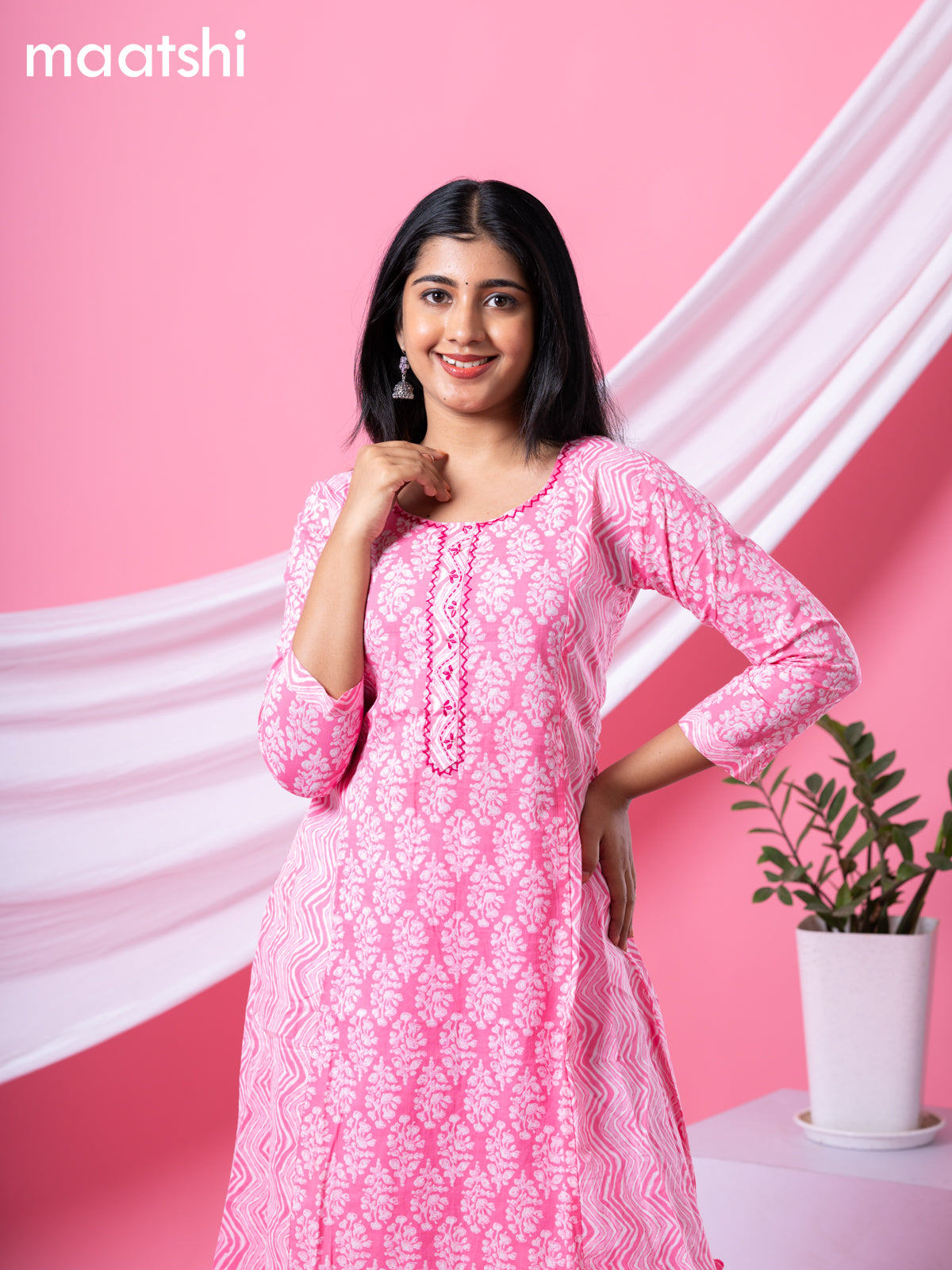 Cotton readymade A-line kurti pink and off white with allover floral buttas & embroidery sequin work neck pattern and without pant