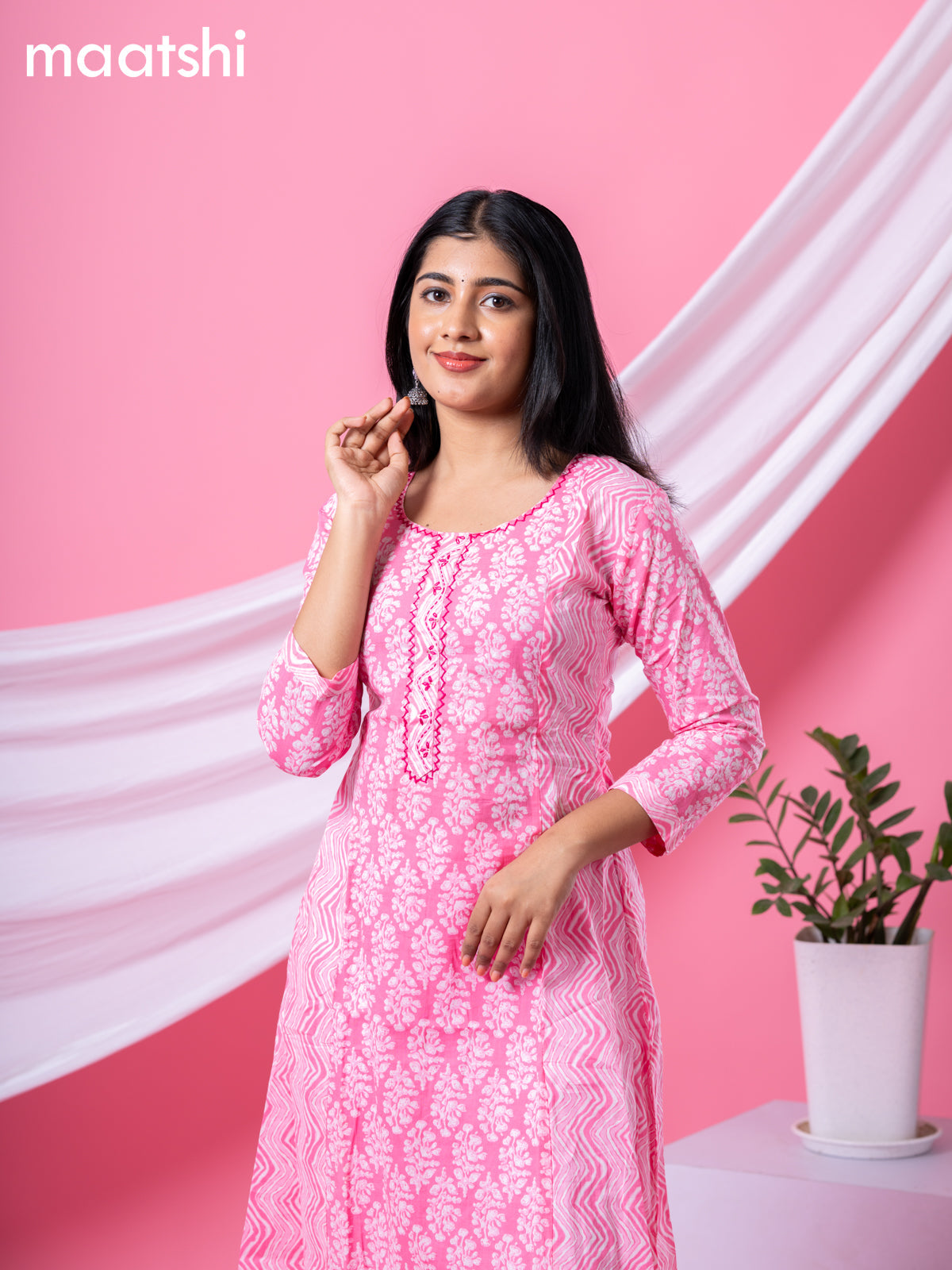 Cotton readymade A-line kurti pink and off white with allover floral buttas & embroidery sequin work neck pattern and without pant