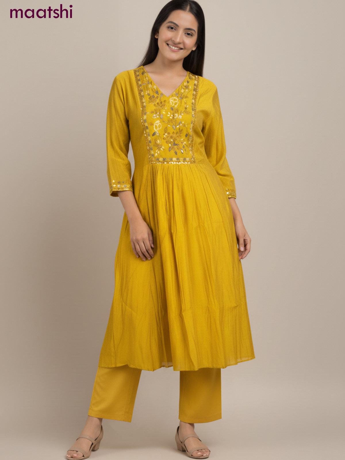 Anarkali salwar suit mustard yellow with sequin & embroidery work neck pattern and straight cut pant & dupatta