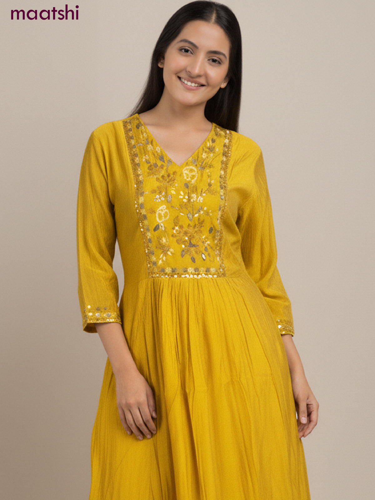 Anarkali salwar suit mustard yellow with sequin & embroidery work neck pattern and straight cut pant & dupatta