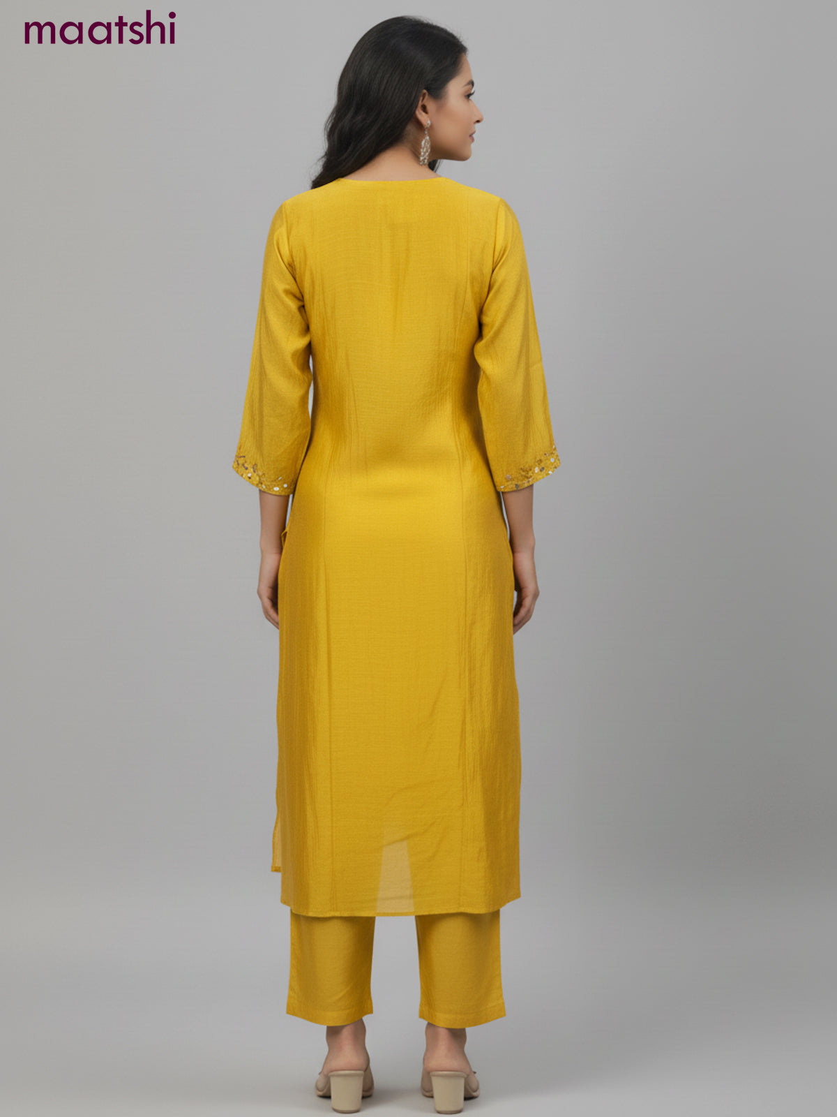 Anarkali salwar suit mustard yellow with sequin & embroidery work neck pattern and straight cut pant & dupatta