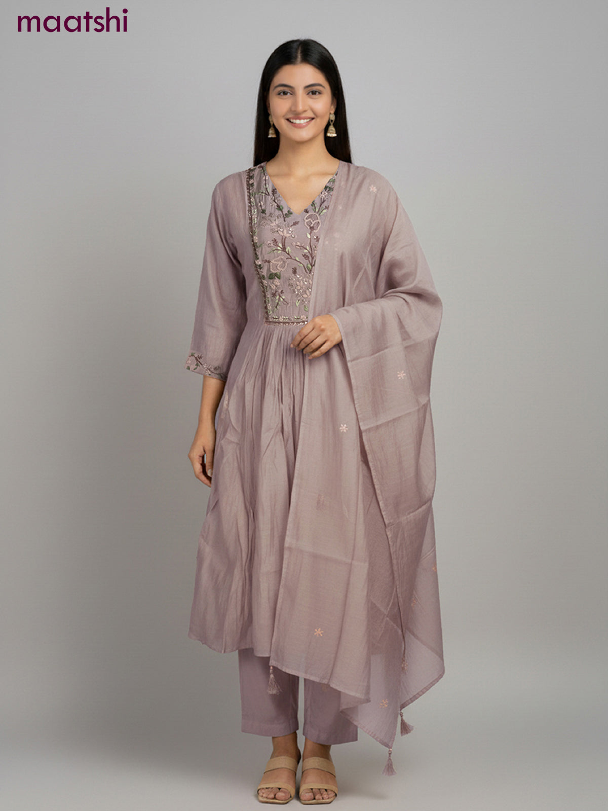 Anarkali salwar suit brown shade with sequin & embroidery work neck pattern and straight cut pant & dupatta