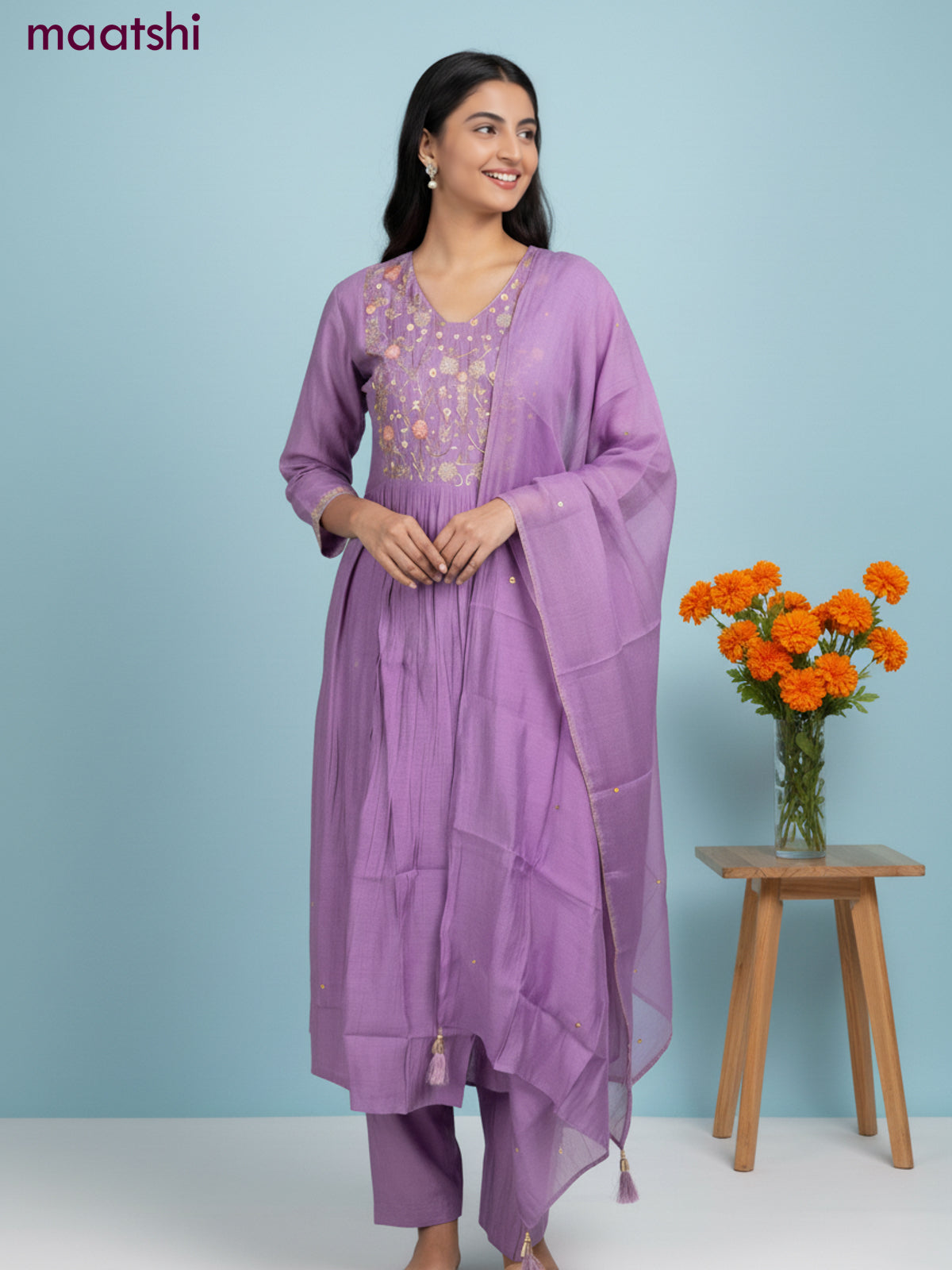 Anarkali salwar suit lavender with sequin & embroidery zardosi work neck pattern and straight cut pant & dupatta