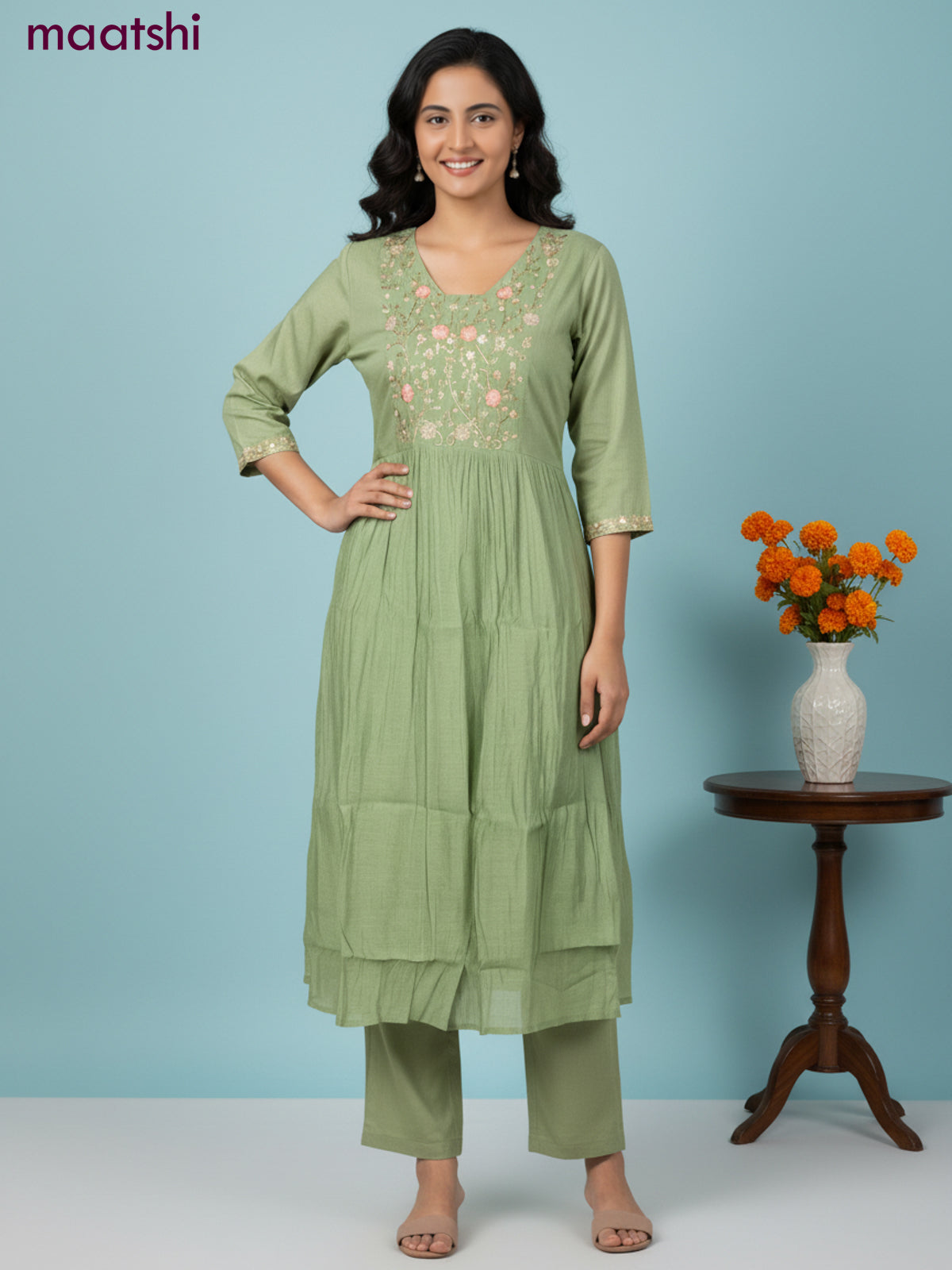 Anarkali salwar suit green with sequin & embroidery zardosi work neck pattern and straight cut pant & dupatta