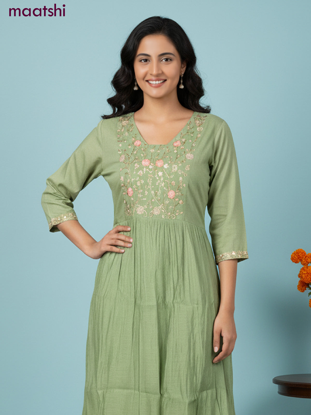 Anarkali salwar suit green with sequin & embroidery zardosi work neck pattern and straight cut pant & dupatta