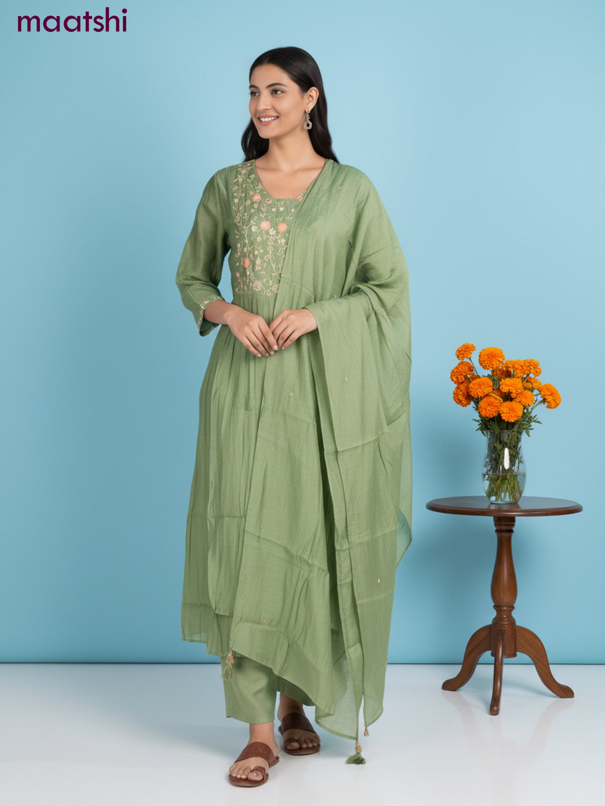Anarkali salwar suit green with sequin & embroidery zardosi work neck pattern and straight cut pant & dupatta