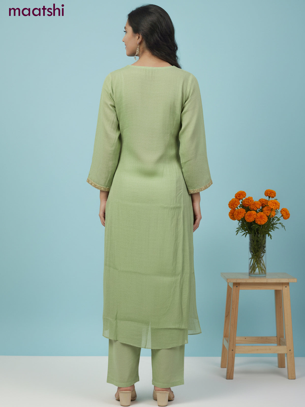 Anarkali salwar suit green with sequin & embroidery zardosi work neck pattern and straight cut pant & dupatta