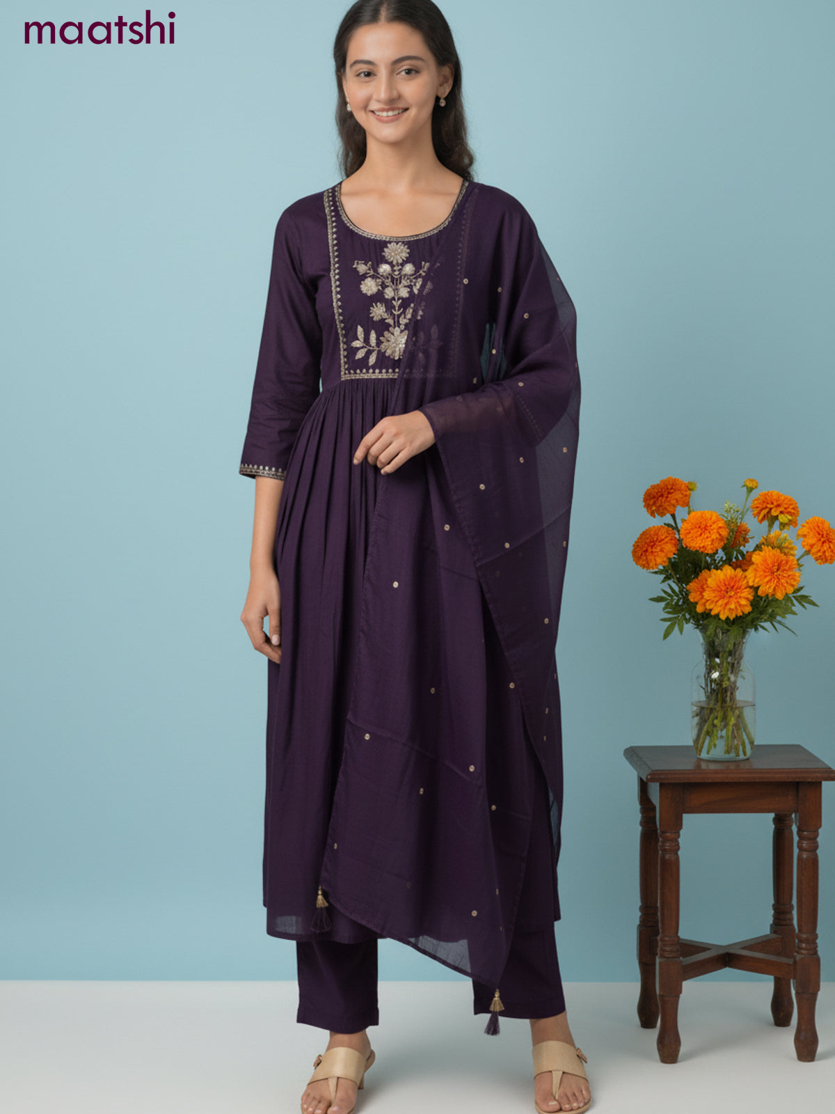Anarkali salwar suit dark purple with sequin & beaded zardosi work neck pattern and straight cut pant & dupatta