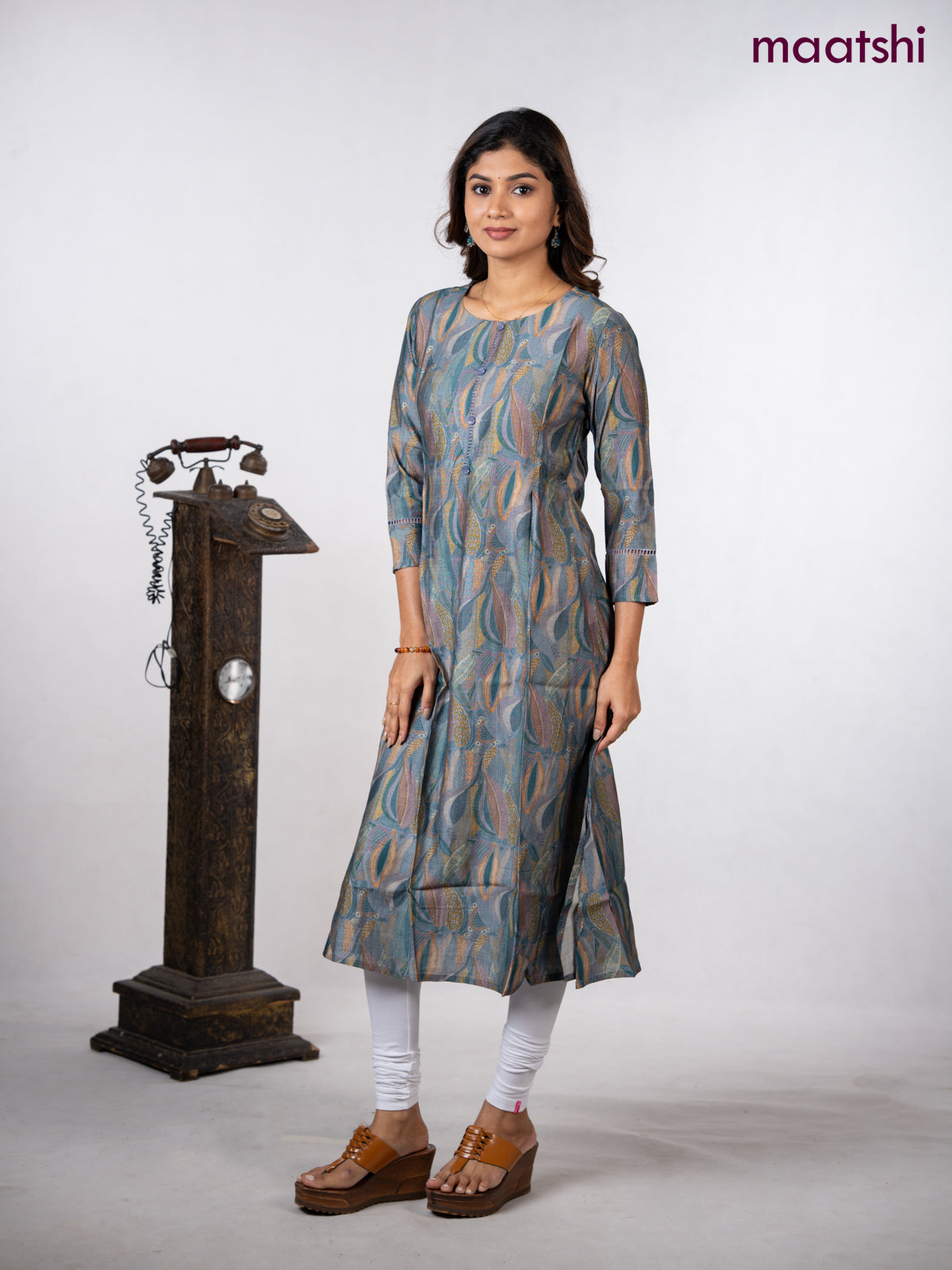 Rayon a-line kurti dark grey with allover prints & simple neck pattern without pant