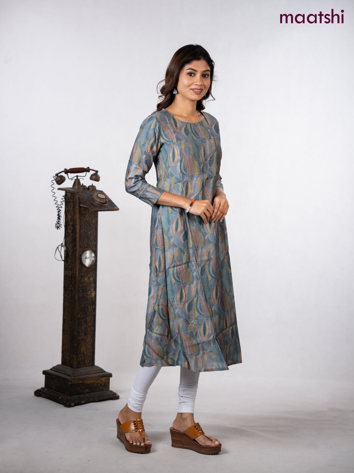 Rayon a-line kurti dark grey with allover prints & simple neck pattern without pant