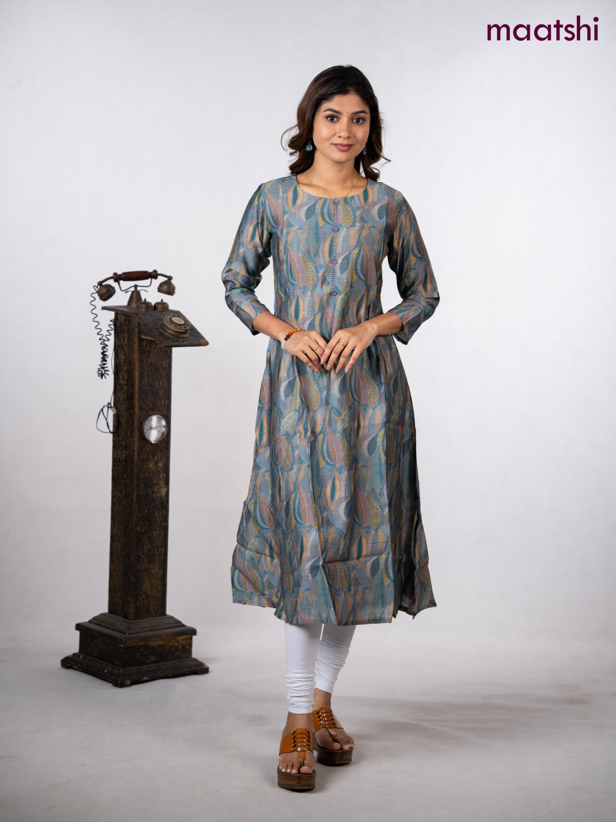 Rayon a-line kurti dark grey with allover prints & simple neck pattern without pant