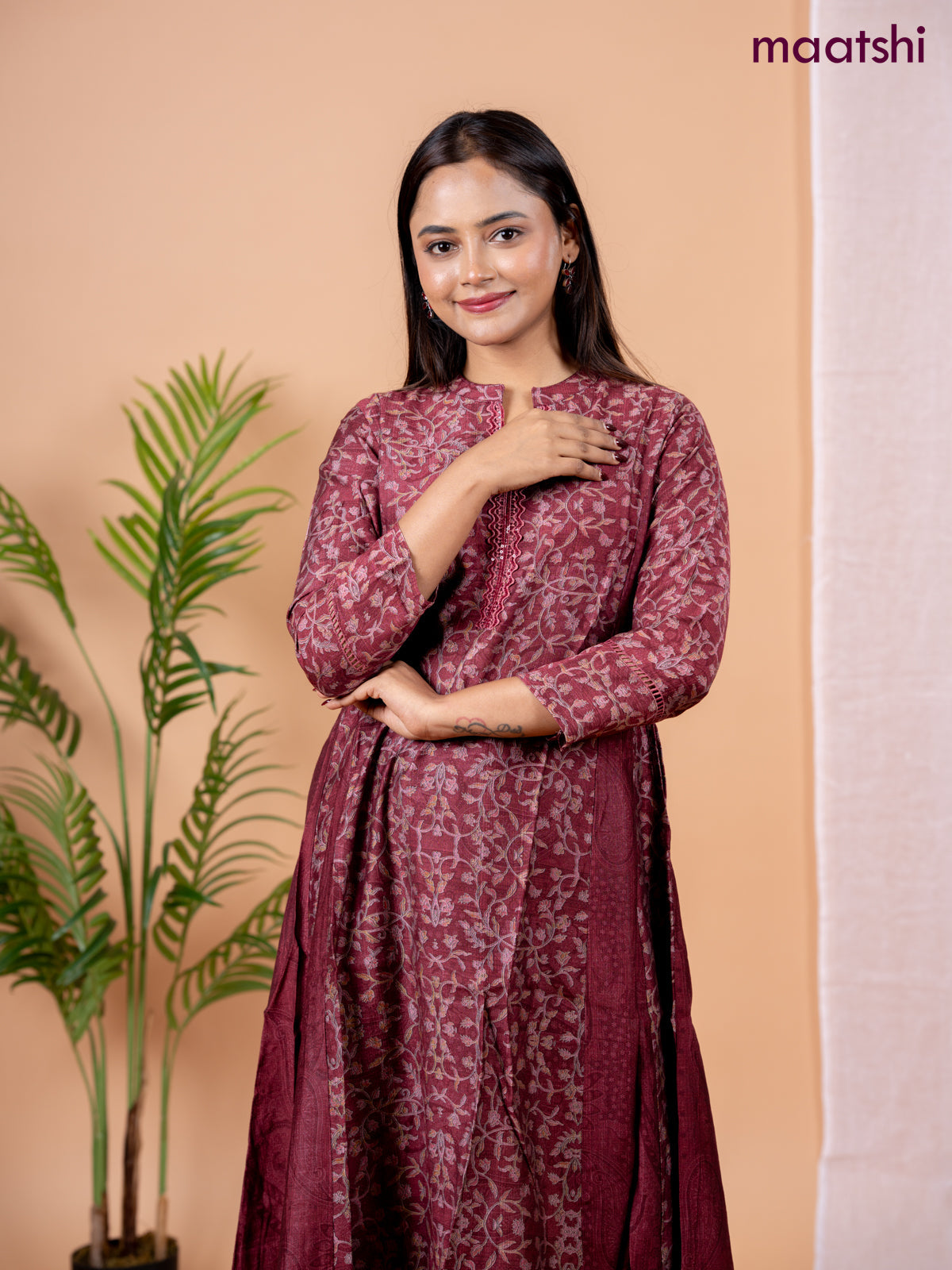 Rayon anarkali kurti maroon with allover floral prints & sequin lace work neck pattern without pant