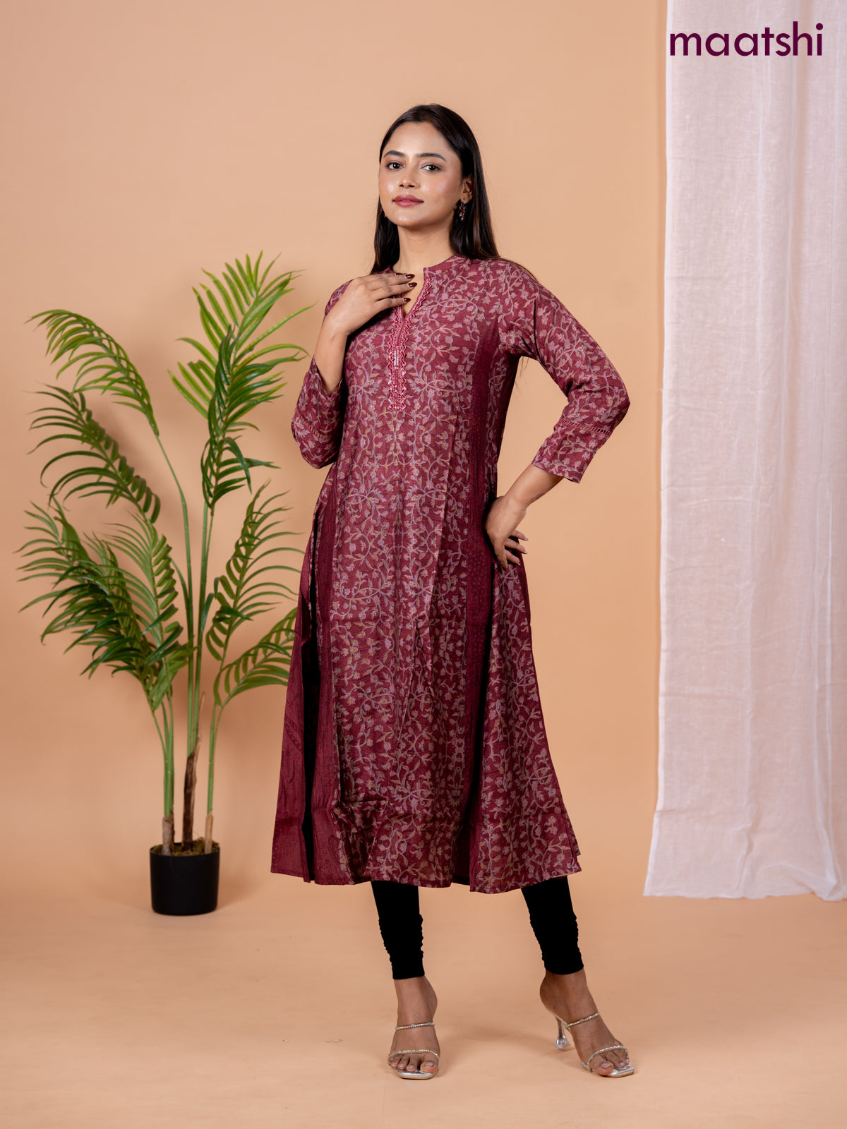 Rayon anarkali kurti maroon with allover floral prints & sequin lace work neck pattern without pant