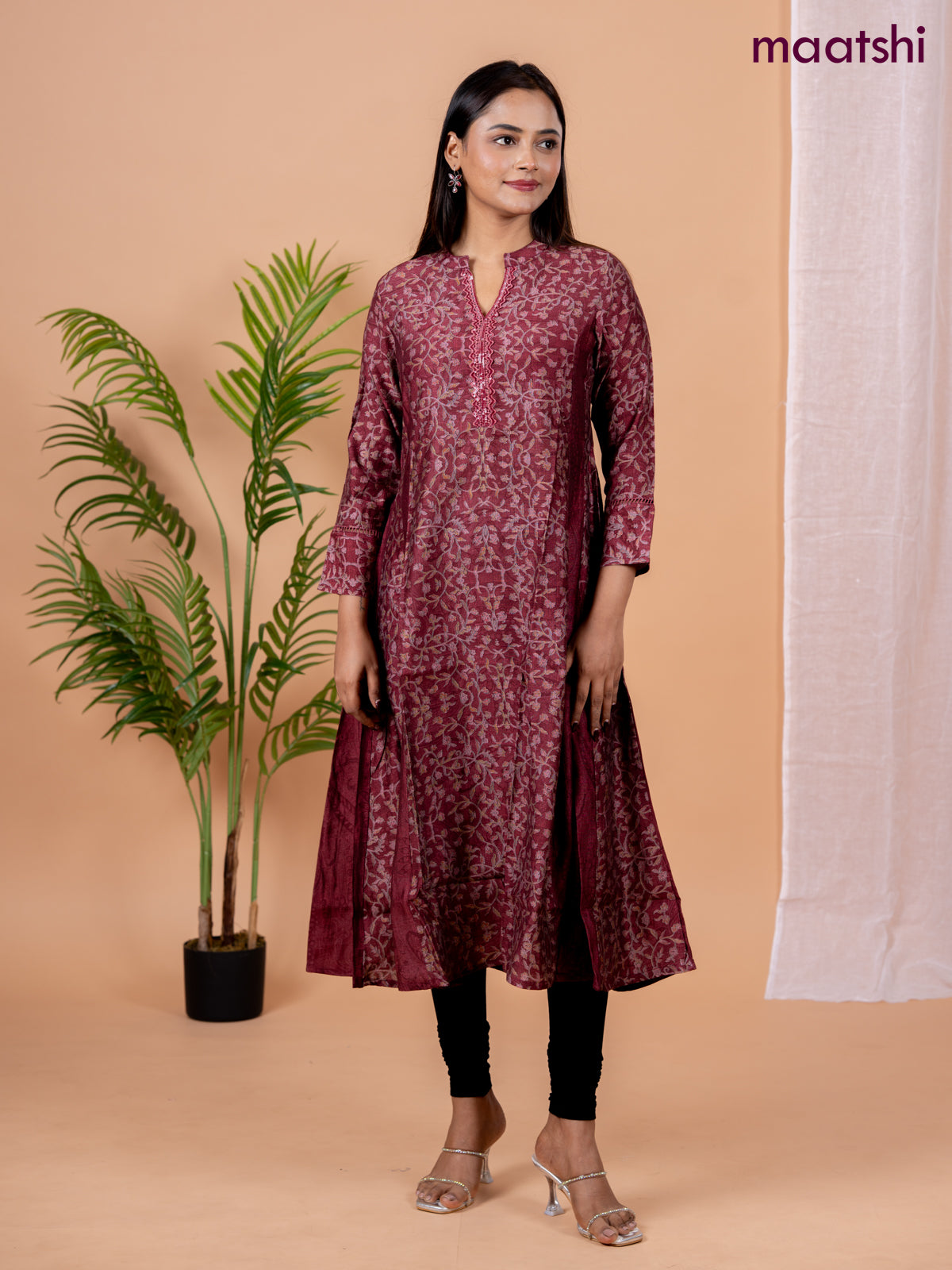 Rayon anarkali kurti maroon with allover floral prints & sequin lace work neck pattern without pant