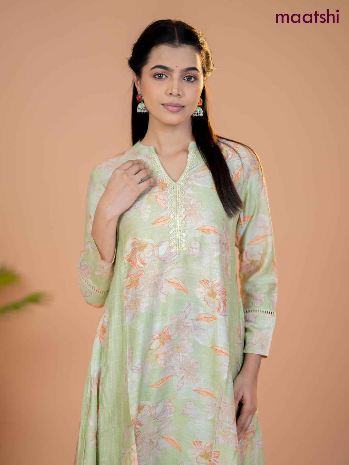 Rayon anarkali kurti pista green with allover floral prints & sequin lace work neck pattern without pant