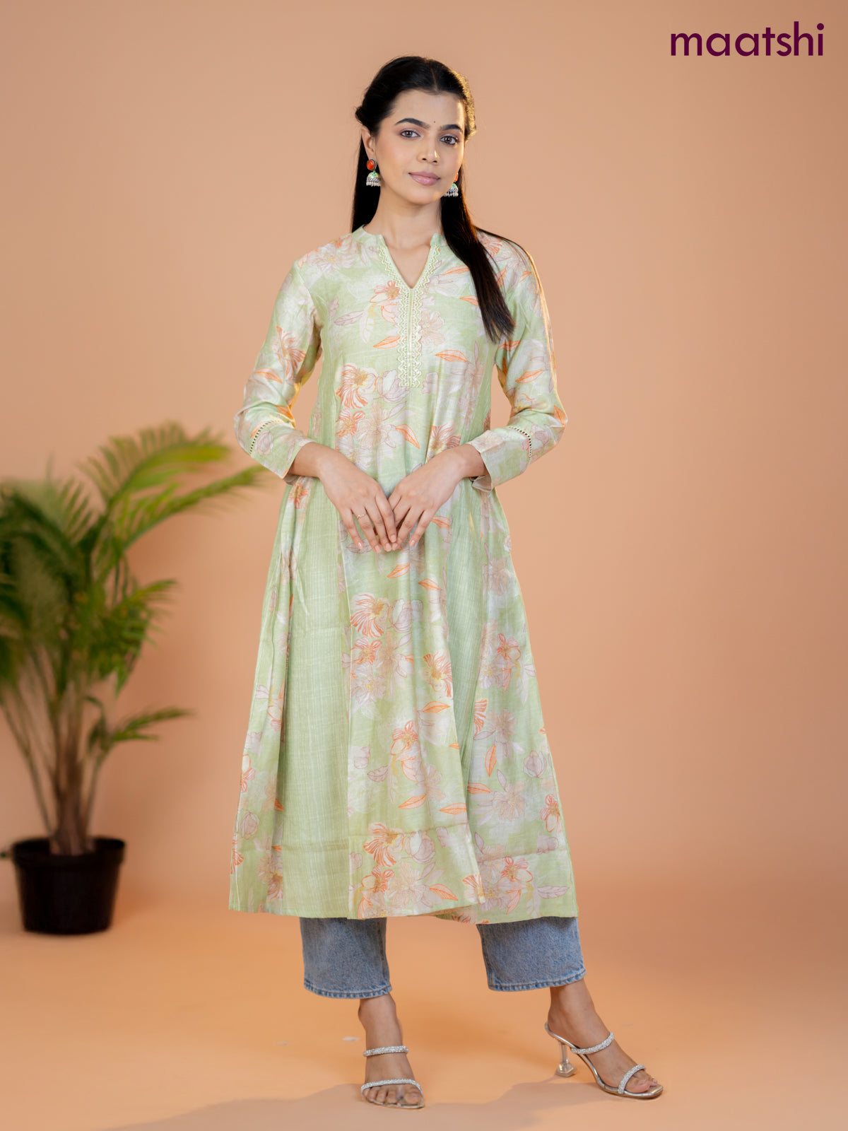 Rayon anarkali kurti pista green with allover floral prints & sequin lace work neck pattern without pant
