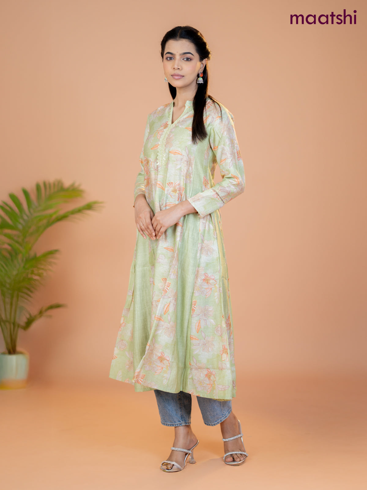Rayon anarkali kurti pista green with allover floral prints & sequin lace work neck pattern without pant