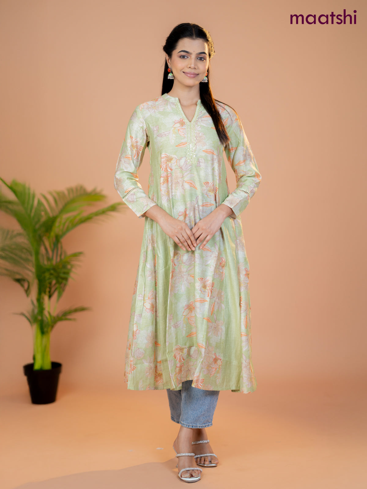 Rayon anarkali kurti pista green with allover floral prints & sequin lace work neck pattern without pant