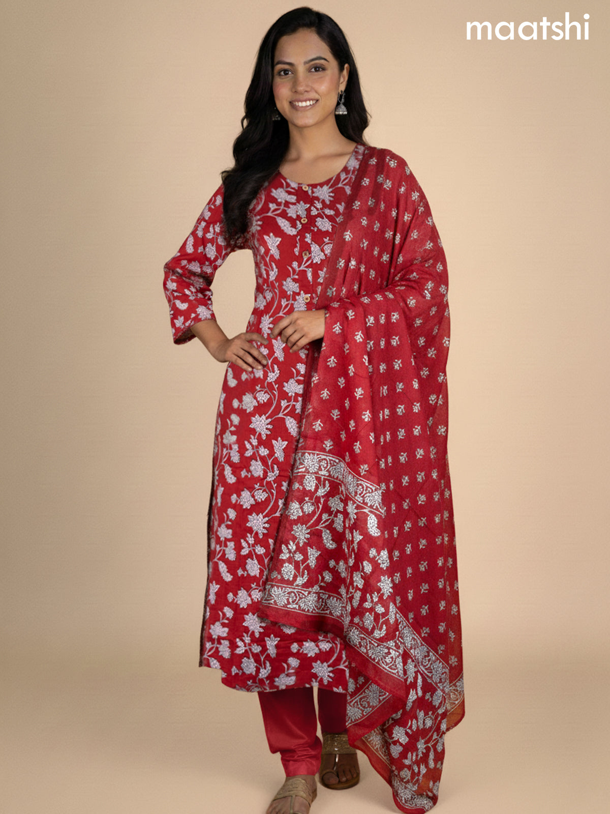 Red Cotton Floral Printed Straight Suit