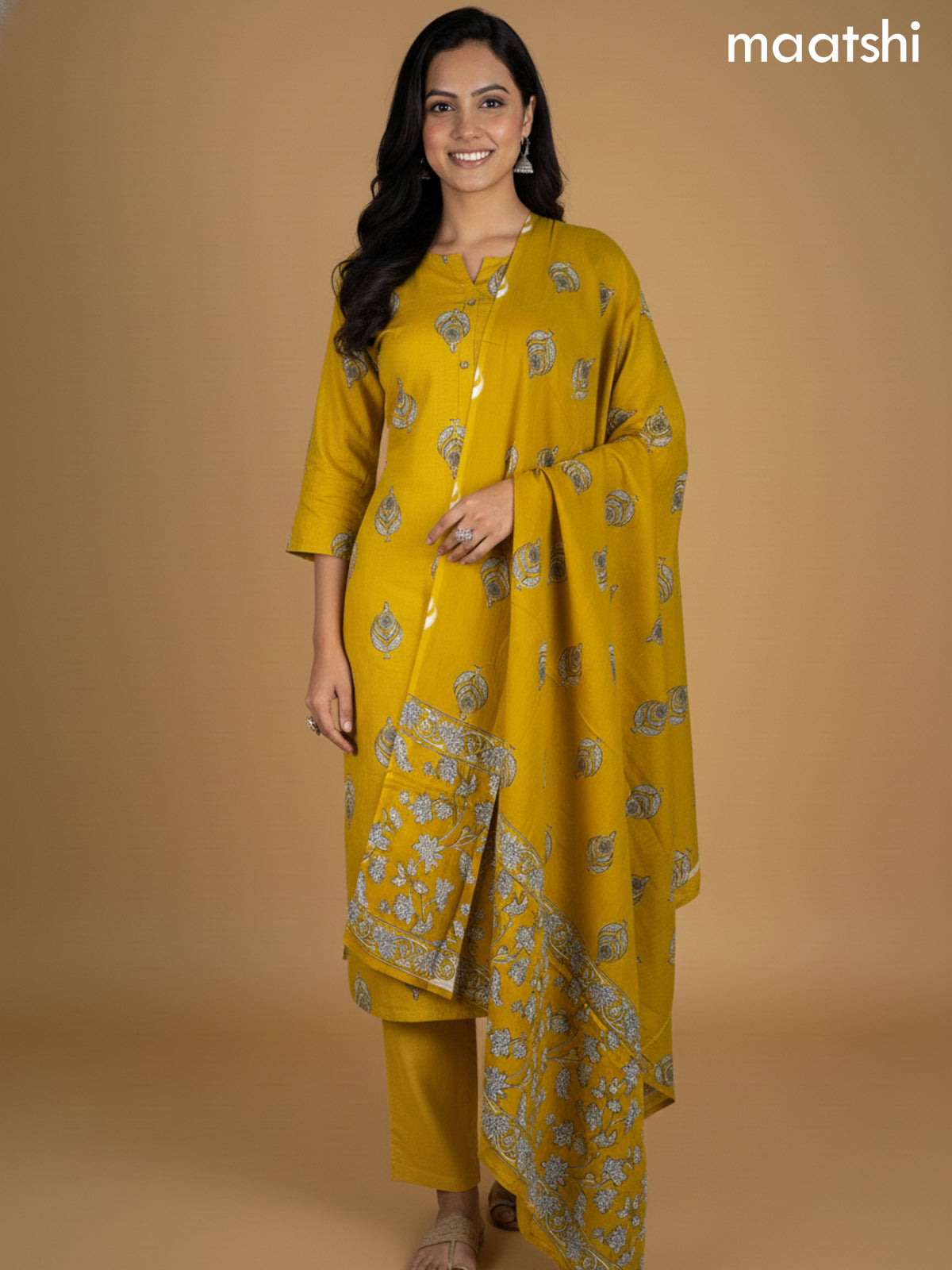 Mustard Yellow Cotton Printed Straight Suit