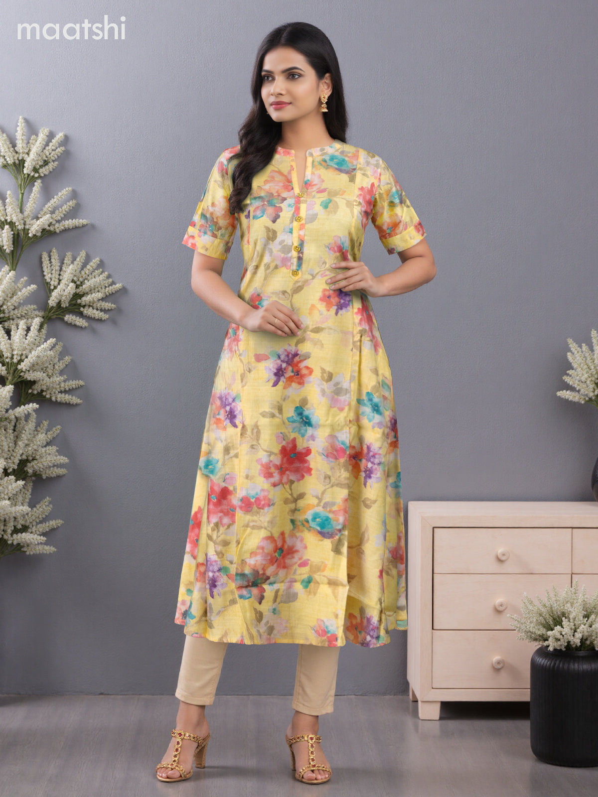 Rayon anarkali kurti pale yellow with allover floral prints & simple neck pattern without pant