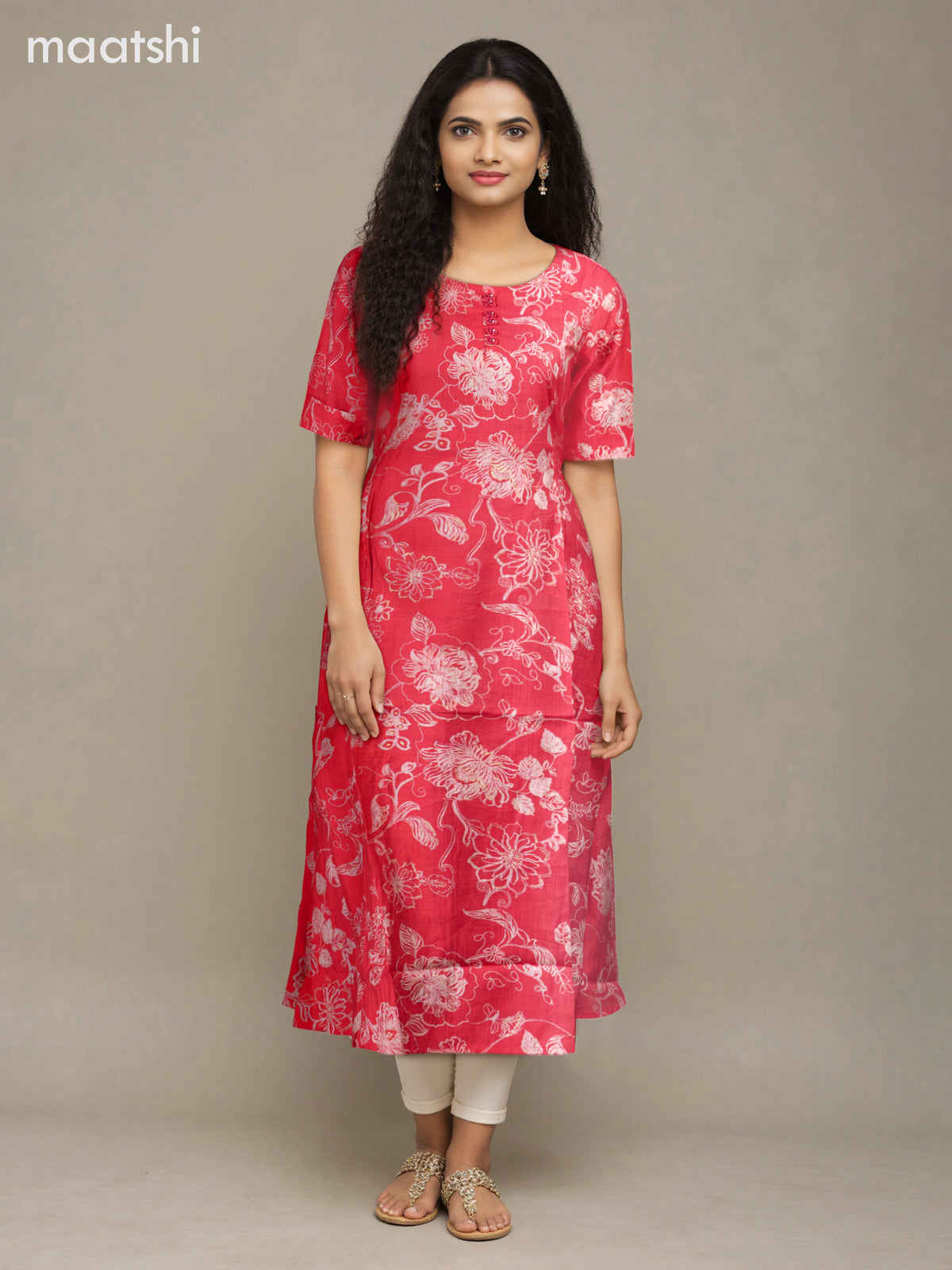 Rayon anarkali kurti pink with allover floral prints & simple neck pattern without pant
