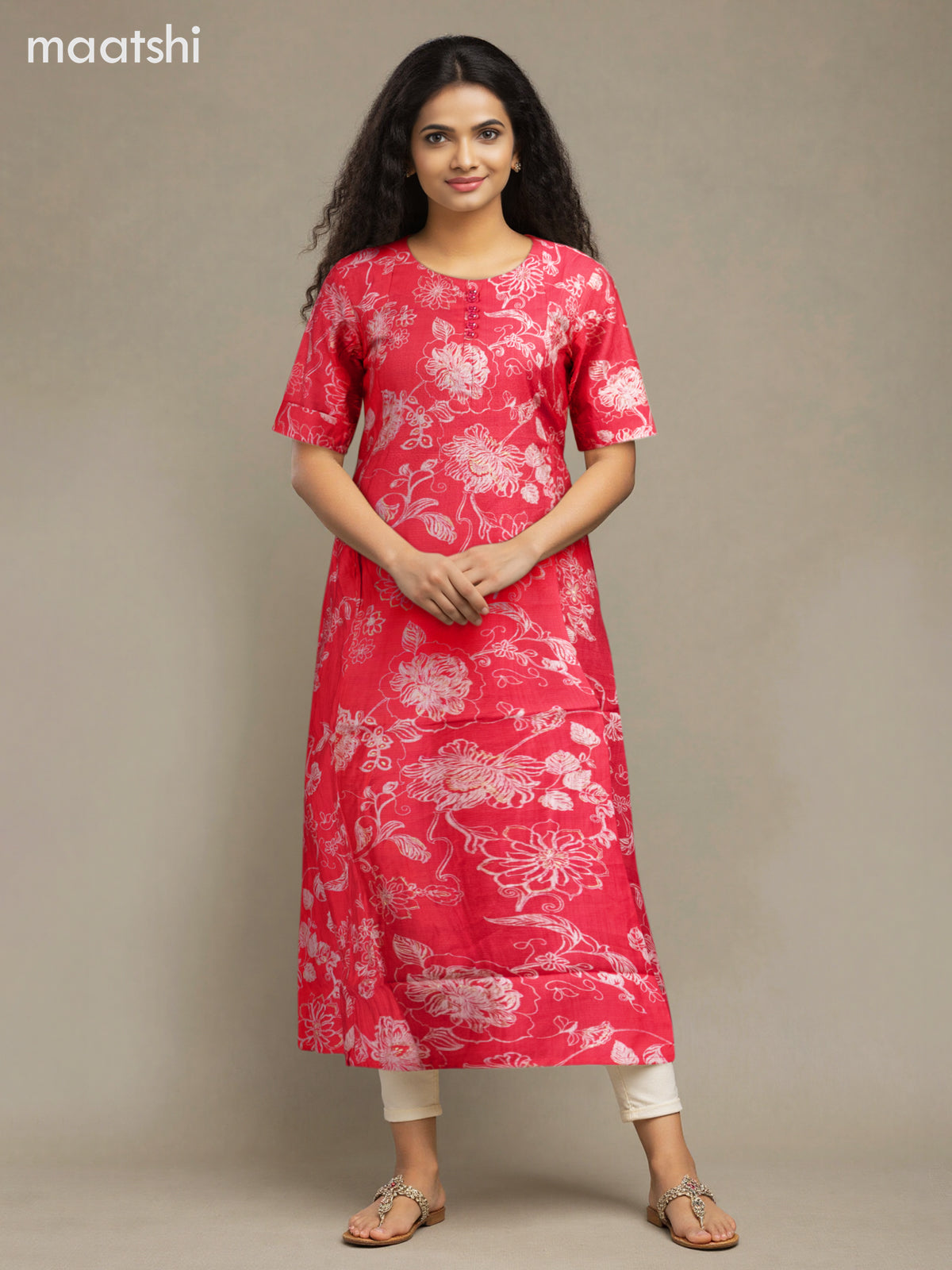 Rayon anarkali kurti pink with allover floral prints & simple neck pattern without pant