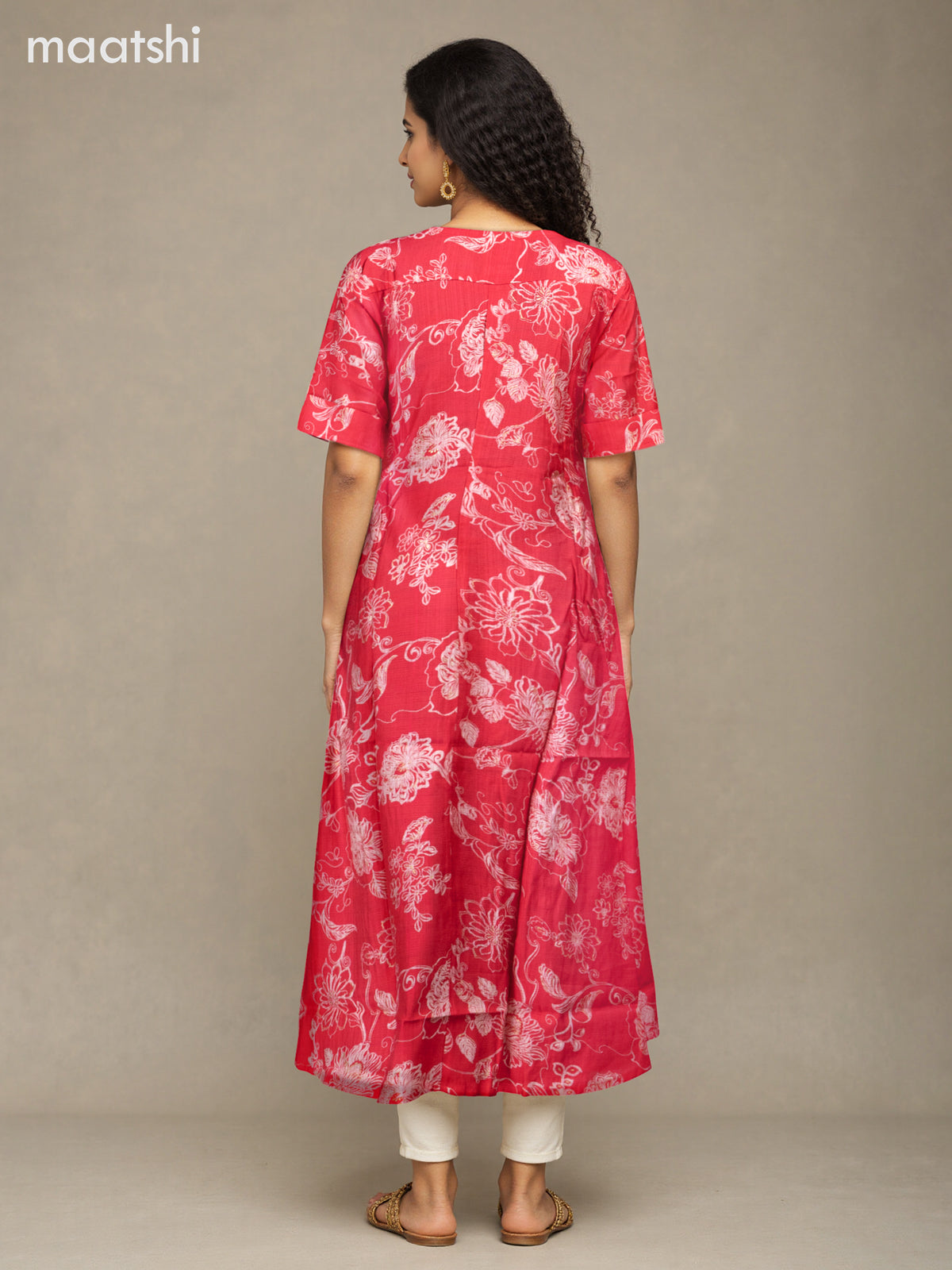 Rayon anarkali kurti pink with allover floral prints & simple neck pattern without pant