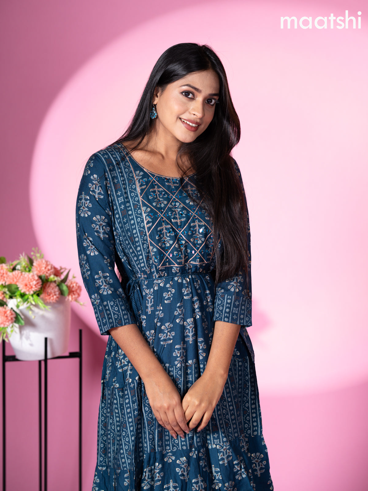 Muslin reaymade short umbrella kurti peacock blue with allover prints & mirror work neck pattern without pant XL Muslin reaymade short umbrella kurti peacock blue with allover prints & mirror work neck pattern without pant XL