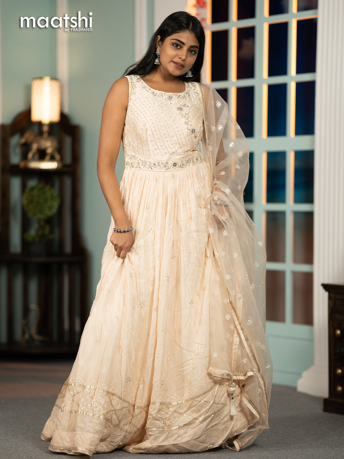 Silk georgette cancan anarkali kurti cream with sequin work mirror work neck pattern and netted dupatta and without pant