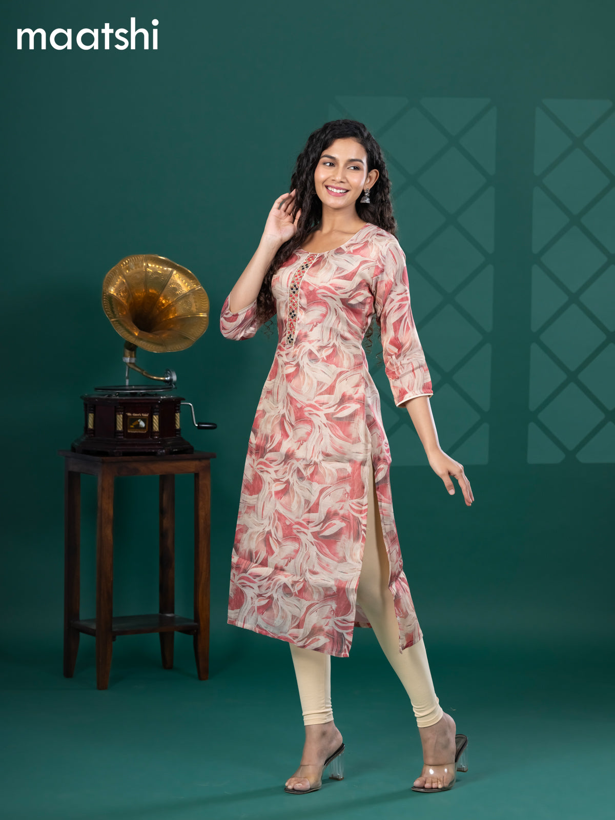 Tissue readymade kurti beige and pink shade with allover floral prints & beaded mirror work neck pattern and without pant