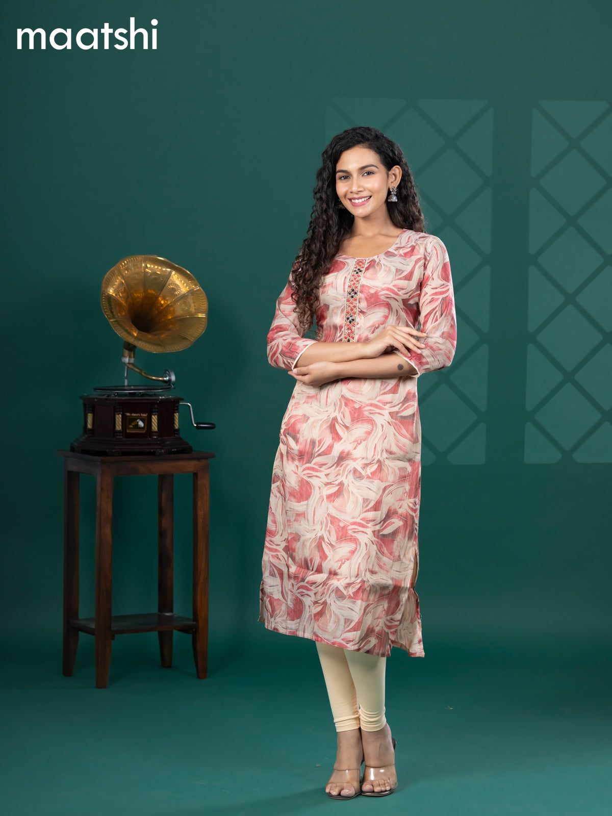 Tissue readymade kurti beige and pink shade with allover floral prints & beaded mirror work neck pattern and without pant