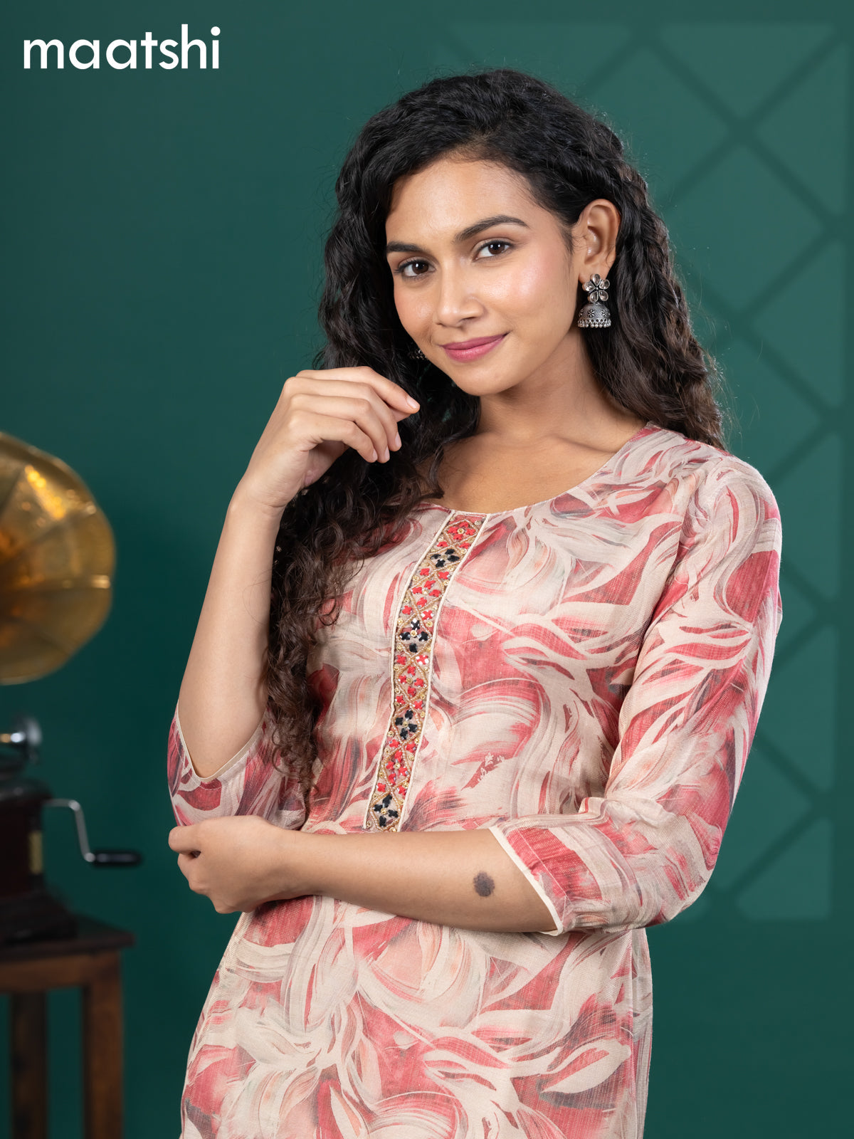 Tissue readymade kurti beige and pink shade with allover floral prints & beaded mirror work neck pattern and without pant