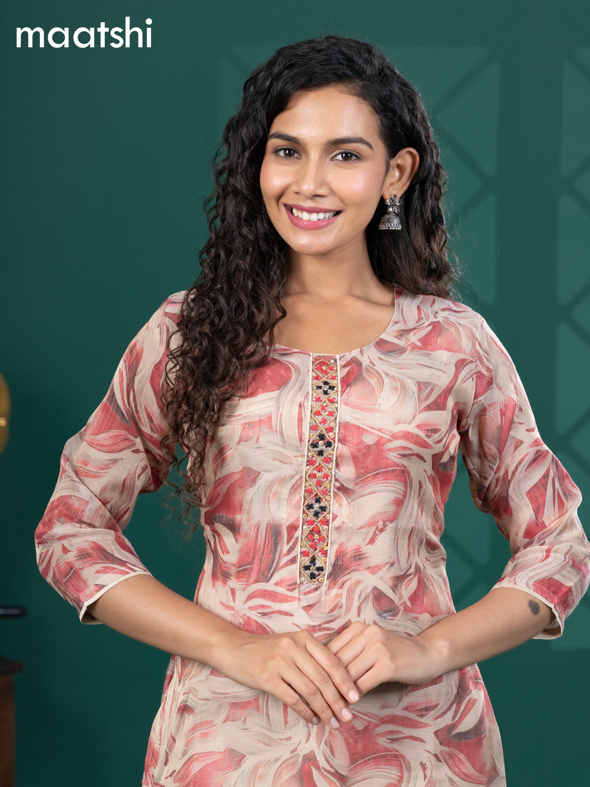 Tissue readymade kurti beige and pink shade with allover floral prints & beaded mirror work neck pattern and without pant