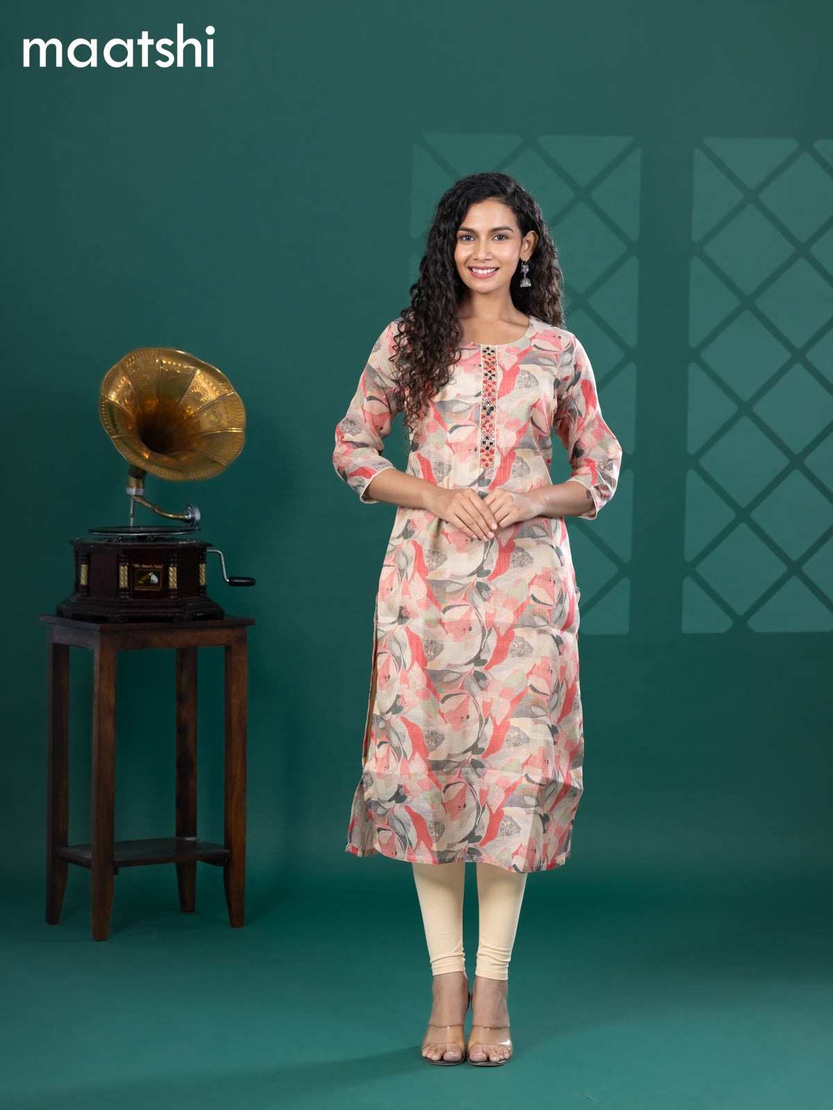 Tissue readymade kurti beige and multi colour with allover prints & beaded mirror work neck pattern and without pant