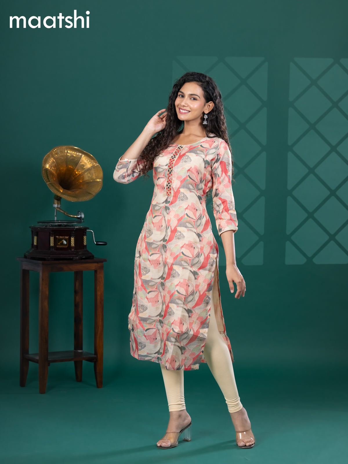 Tissue readymade kurti beige and multi colour with allover prints & beaded mirror work neck pattern and without pant