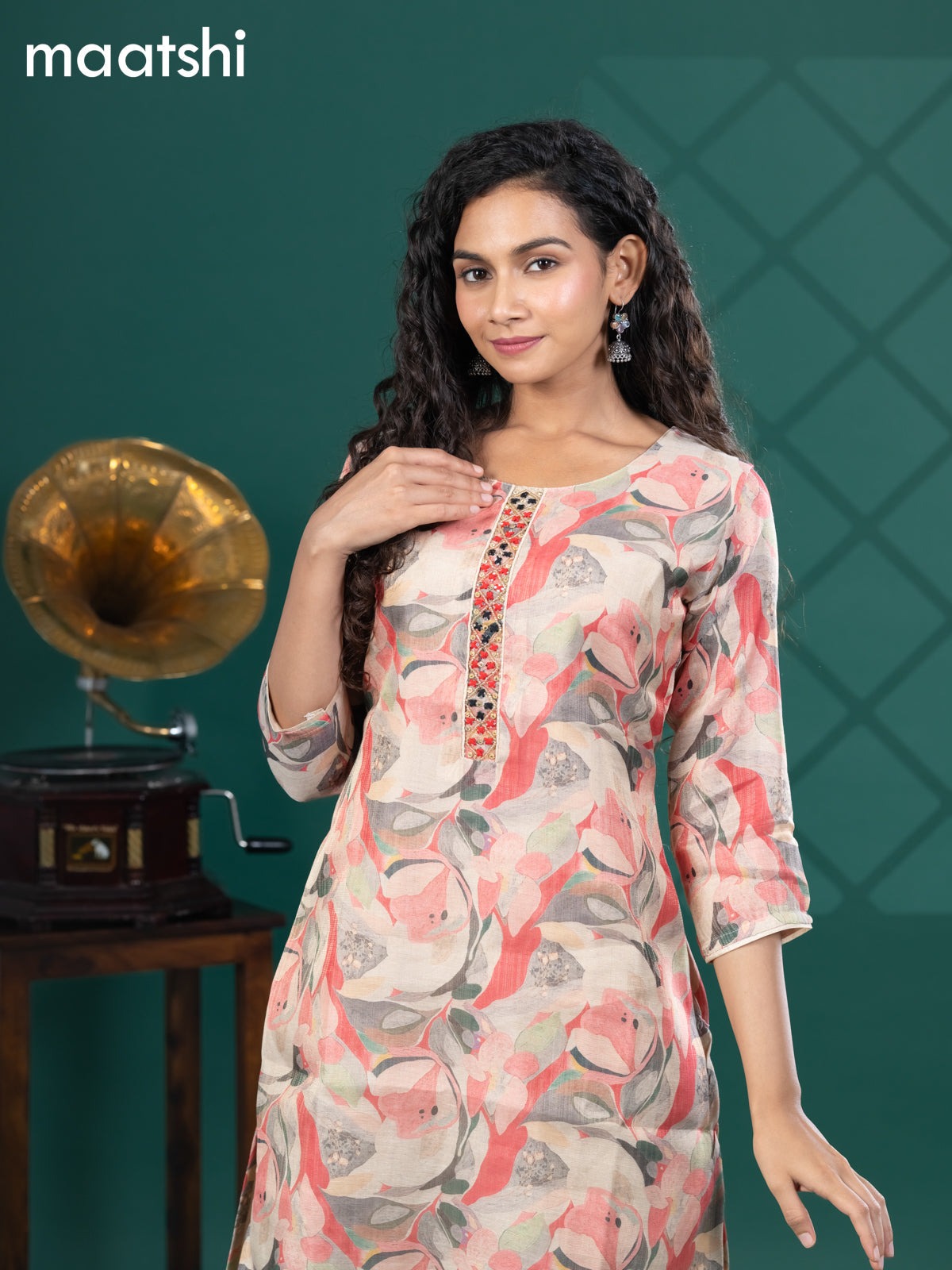 Tissue readymade kurti beige and multi colour with allover prints & beaded mirror work neck pattern and without pant