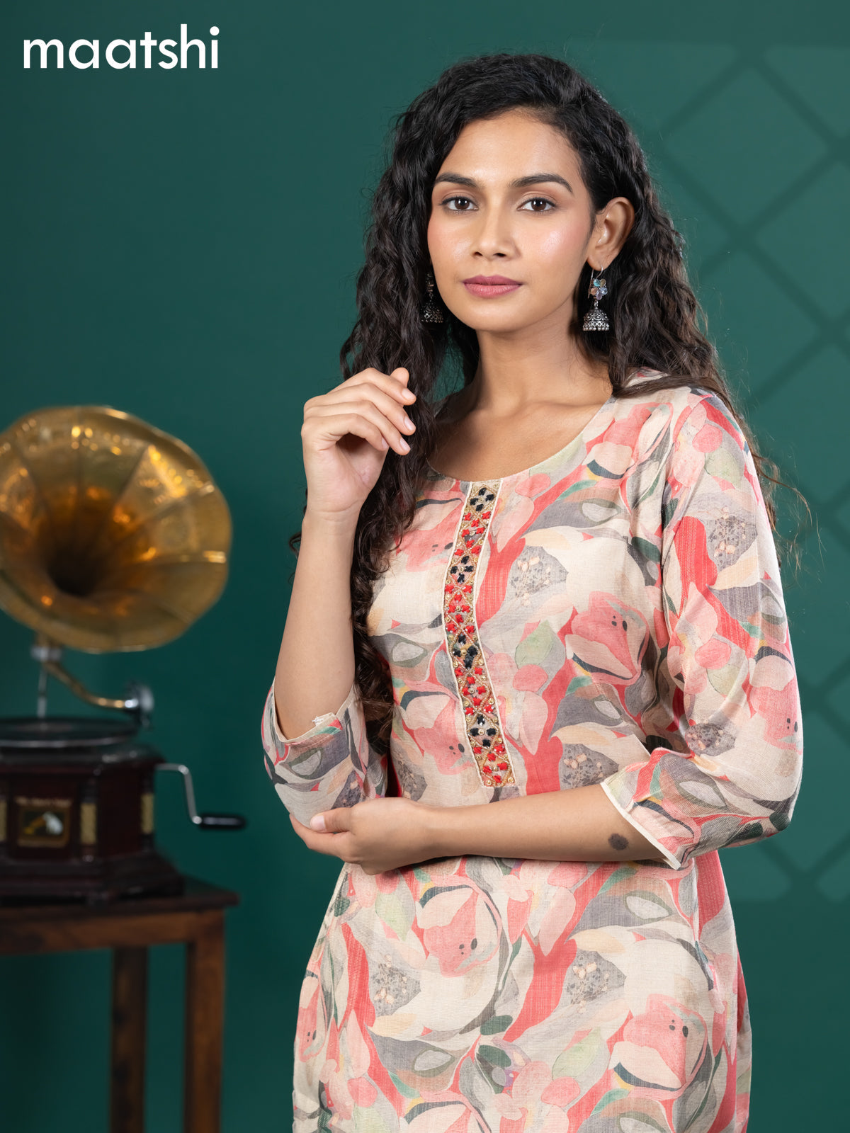 Tissue readymade kurti beige and multi colour with allover prints & beaded mirror work neck pattern and without pant