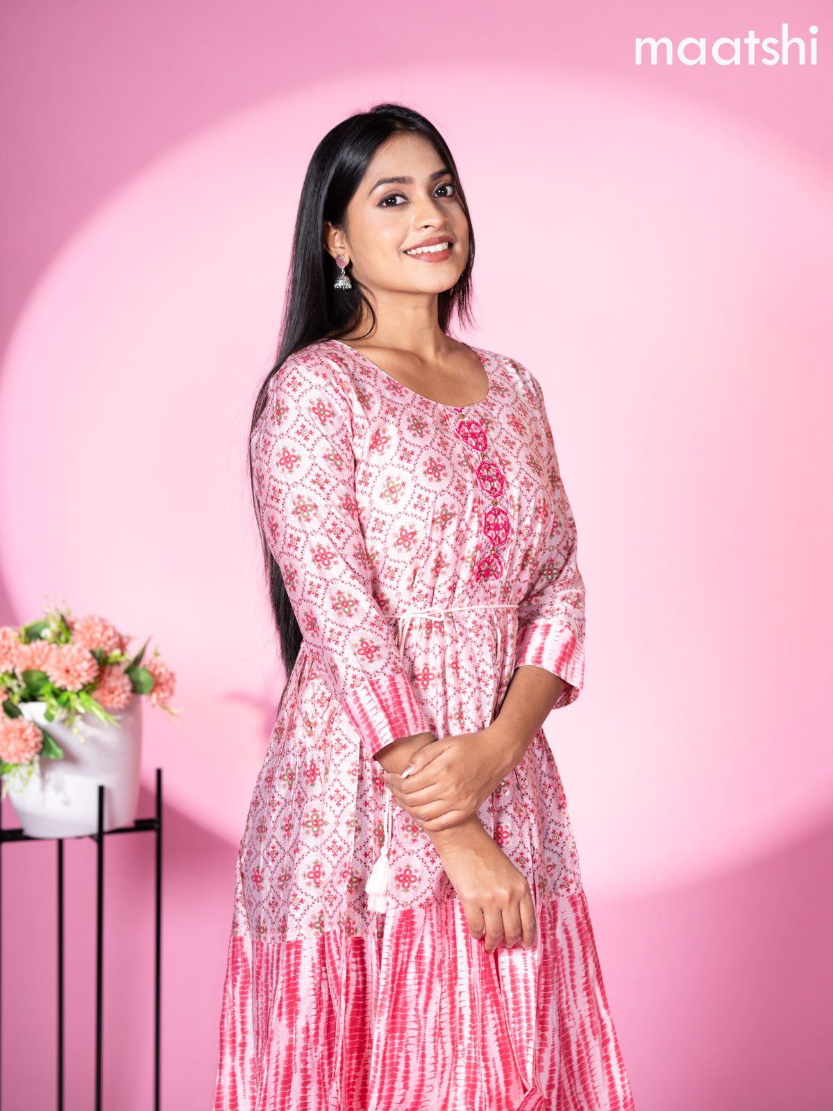 Modal readymade umbrella short kurti pastel pink with allover prints