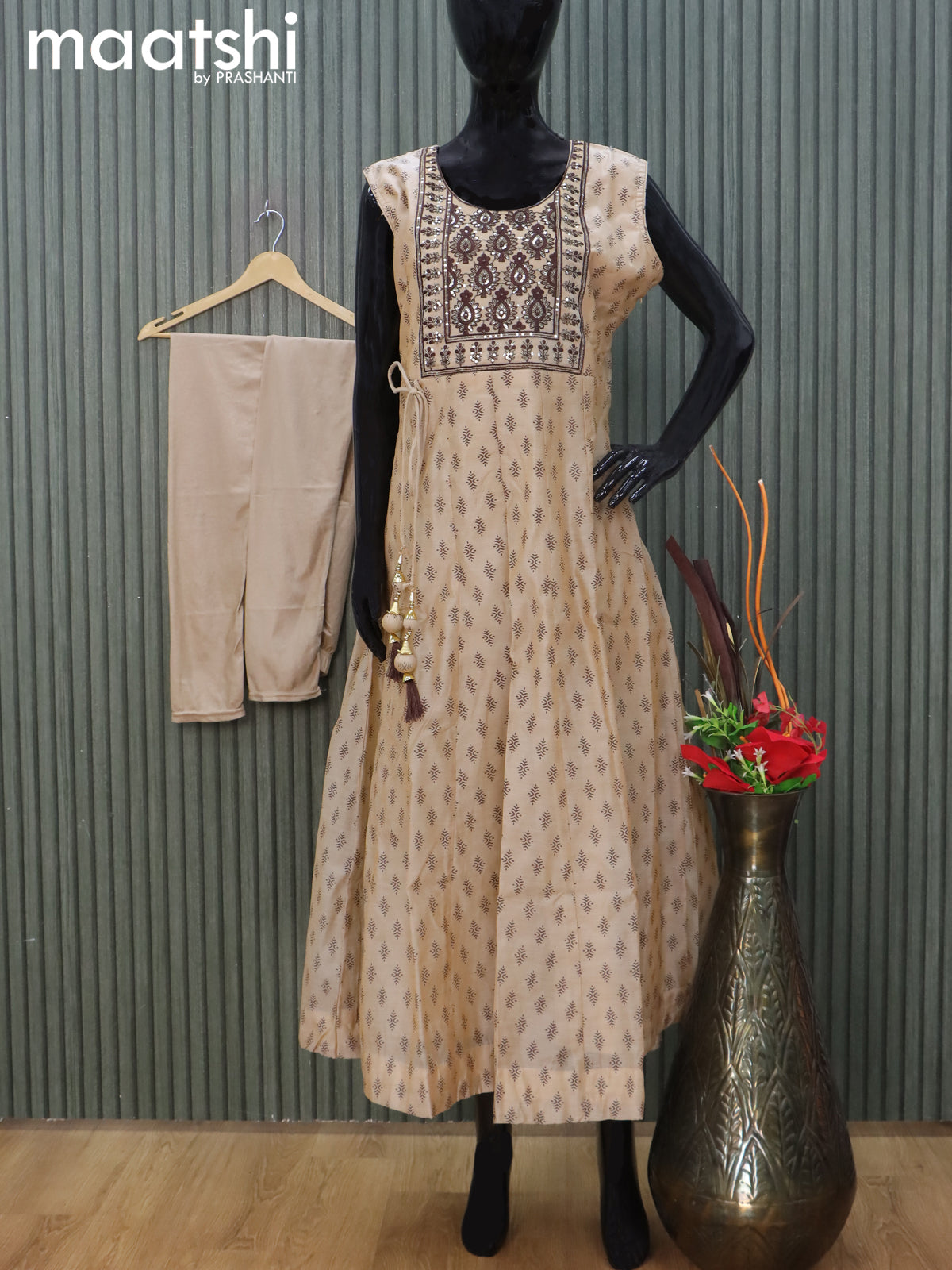 Chanderi readymade anarkali salwar suit beige with allover butta prints & embroidery sequin work neck pattern and straight cut pant & chiffon dupatta