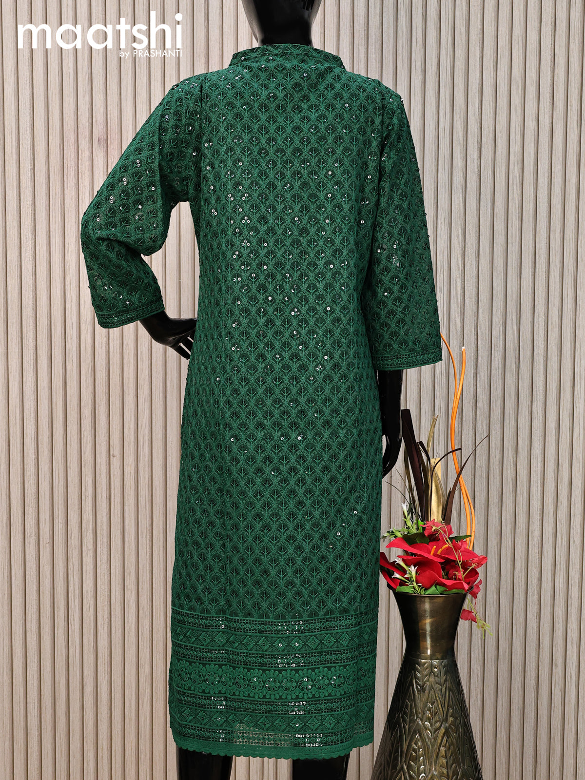 Semi georgette readymade kurti dark green with allover chikankari work without pant
