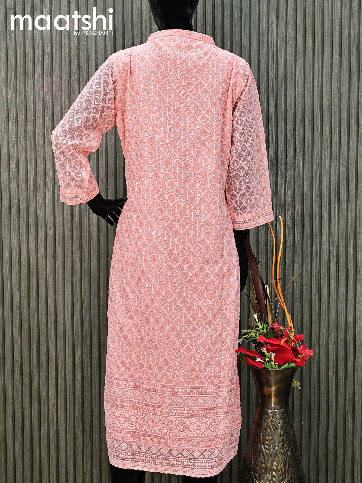Semi georgette readymade kurti peach shade with allover chikankari work without pant