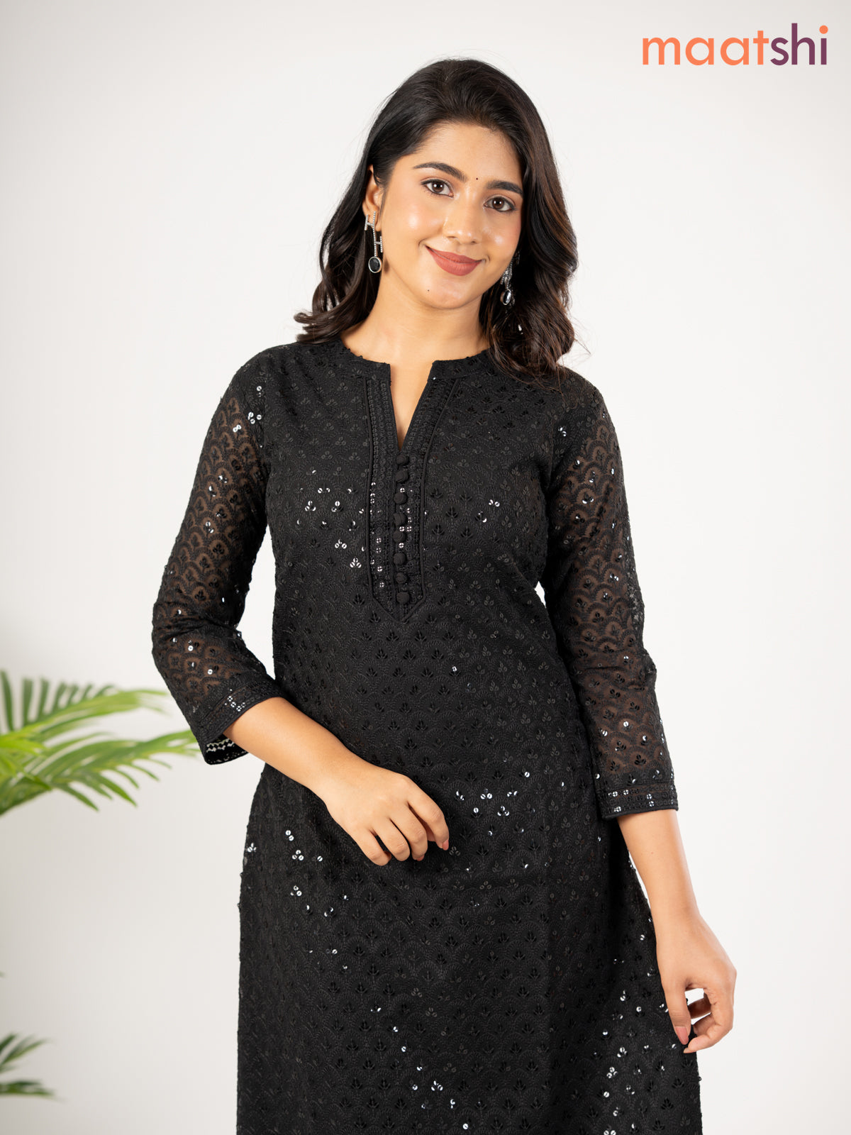 Semi georgette kurti black with allover chikankari work without pant