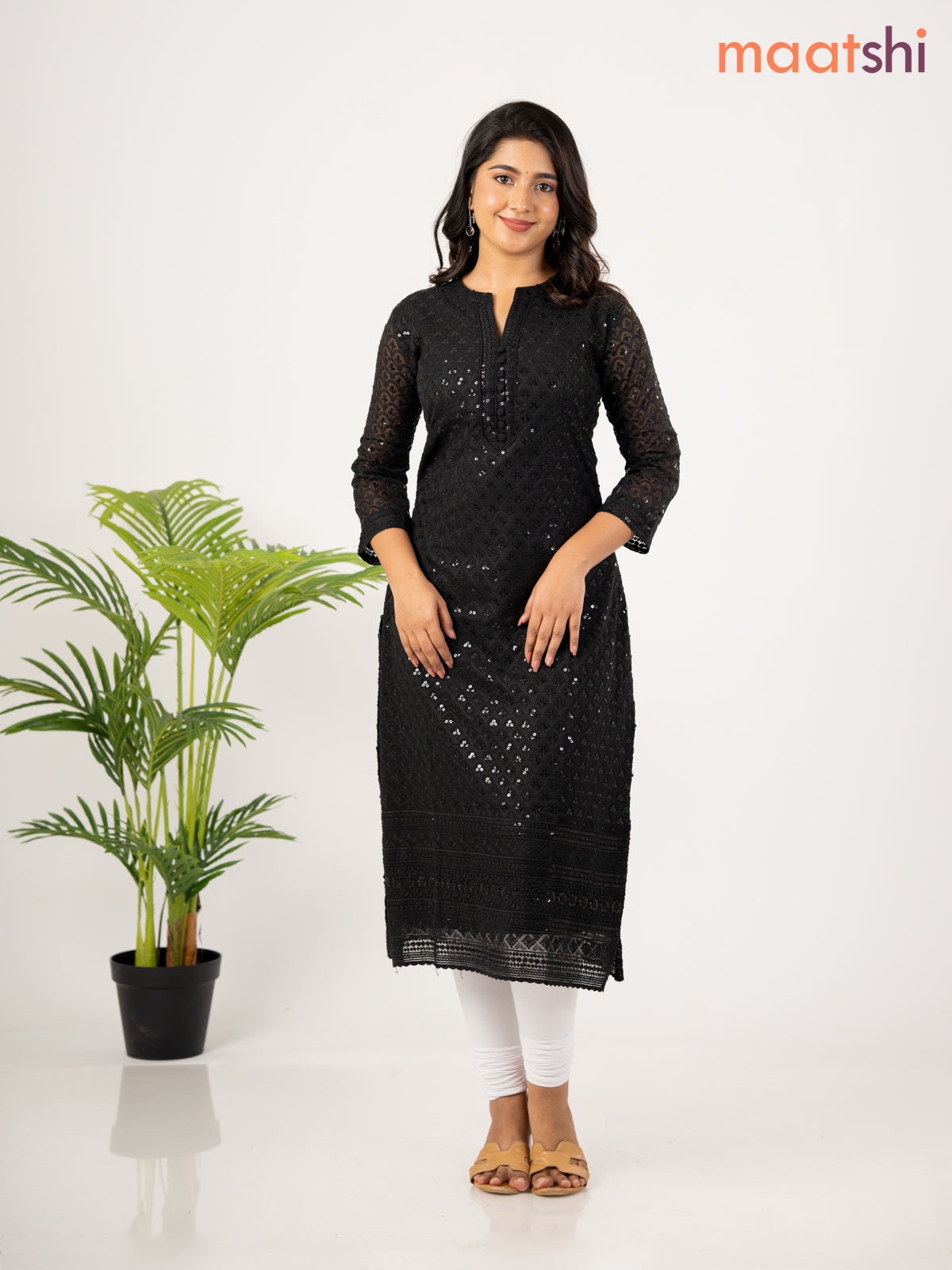 Semi georgette kurti black with allover chikankari work without pant