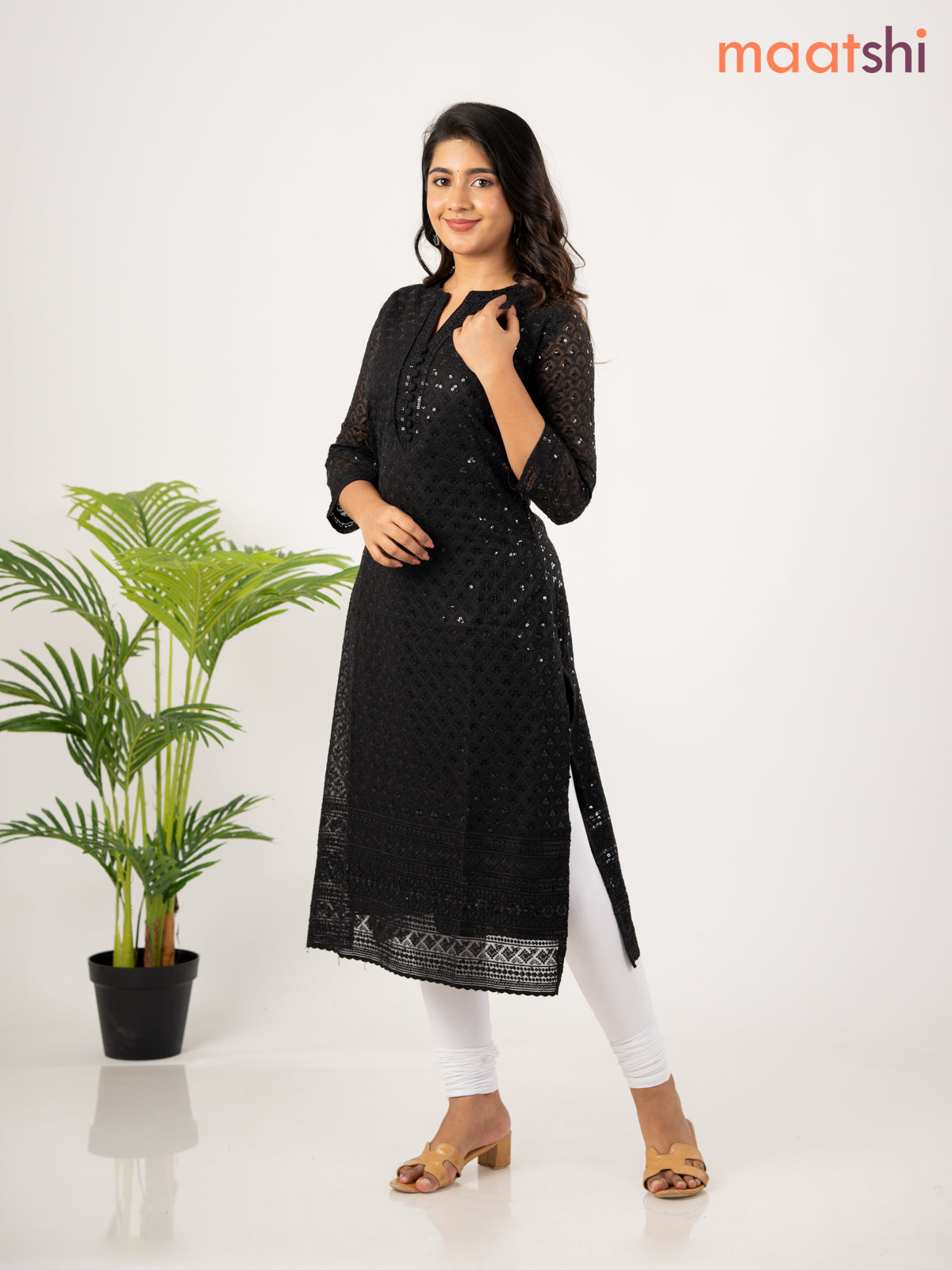 Semi georgette kurti black with allover chikankari work without pant